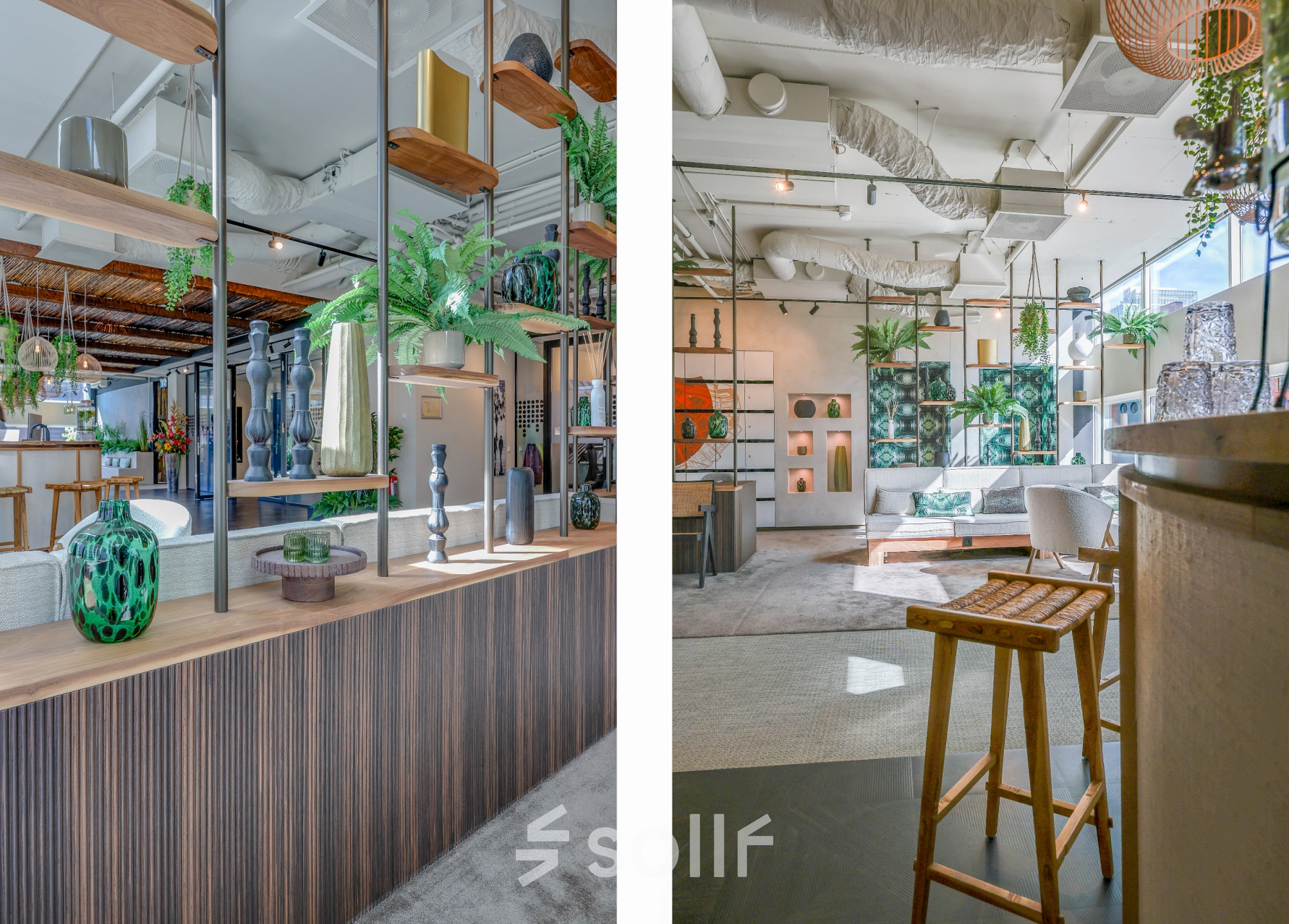 Ruime, gemeubileerde kantoorruimte aan de Gustav Mahlerlaan 308 in Amsterdam Zuidas met moderne inrichting, planten en decoratieve elementen. Ideaal voor bedrijven die op zoek zijn naar een inspirerende plek om te huren.
