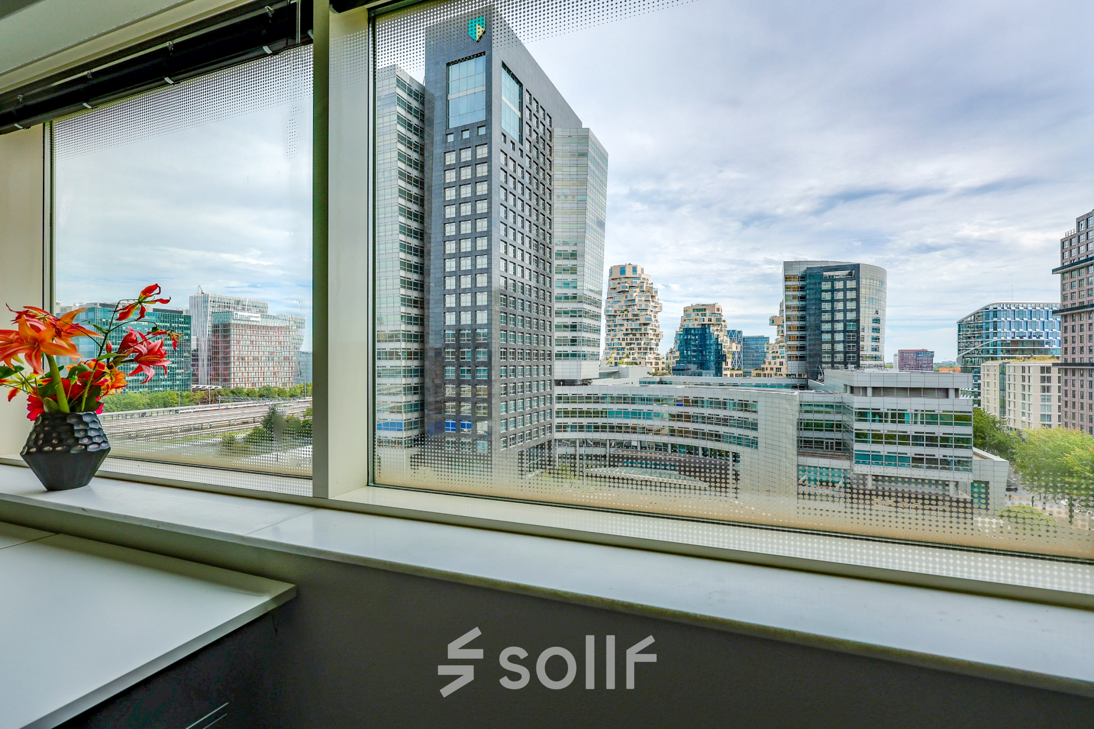 Uitzicht vanuit een kantoor in Amsterdam Zuidas op de skyline van modern ontworpen gebouwen, met een vensterbank voorzien van een decoratieve plant.