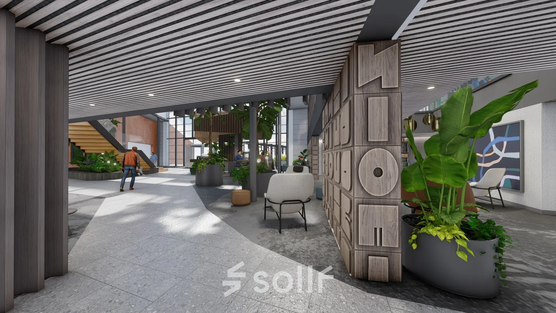 Moderne kantoorruimte met groene planten en stijlvolle inrichting op Jachthavenweg 109, Amsterdam Zuidas. Een persoon voert zakelijke activiteiten uit in een lichte en uitnodigende ambiance.