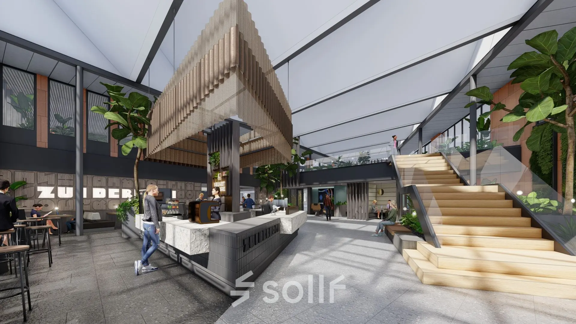 Ruime en lichte kantoorruimte op Jachthavenweg 109 in Amsterdam Zuidas met moderne inrichting, inclusief een zithoek en planten. Mensen werken en relaxen in een open en inspirerende omgeving.