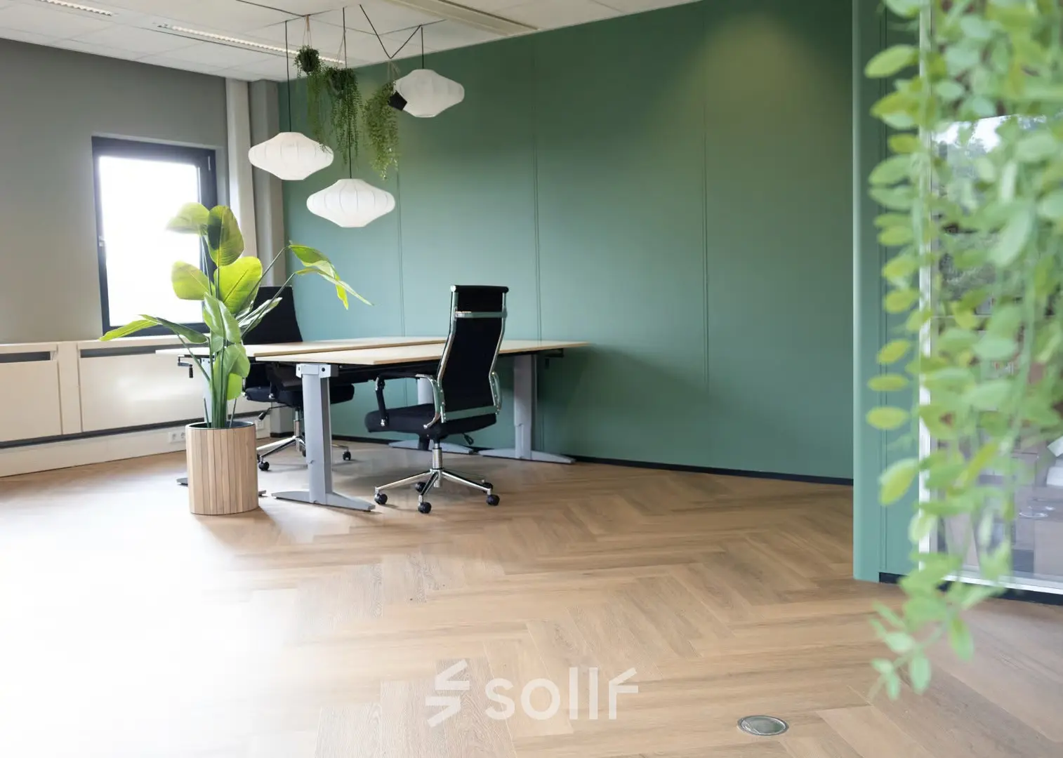 Modern kantoor met grote ramen, groene muren en houten vloer, voorzien van werkplekken met planten voor een natuurlijke uitstraling. Ideaal voor kantoorruimte huren op Schumanpark 9 in Apeldoorn.