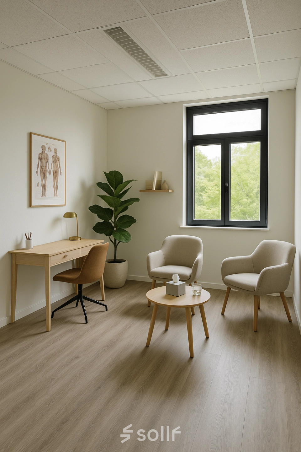 Stijlvolle en lichte kantoorruimte huren op Druivenstraat 25-31 in Breda Oost met moderne houten meubels en groen decor voor een inspirerende werkomgeving.