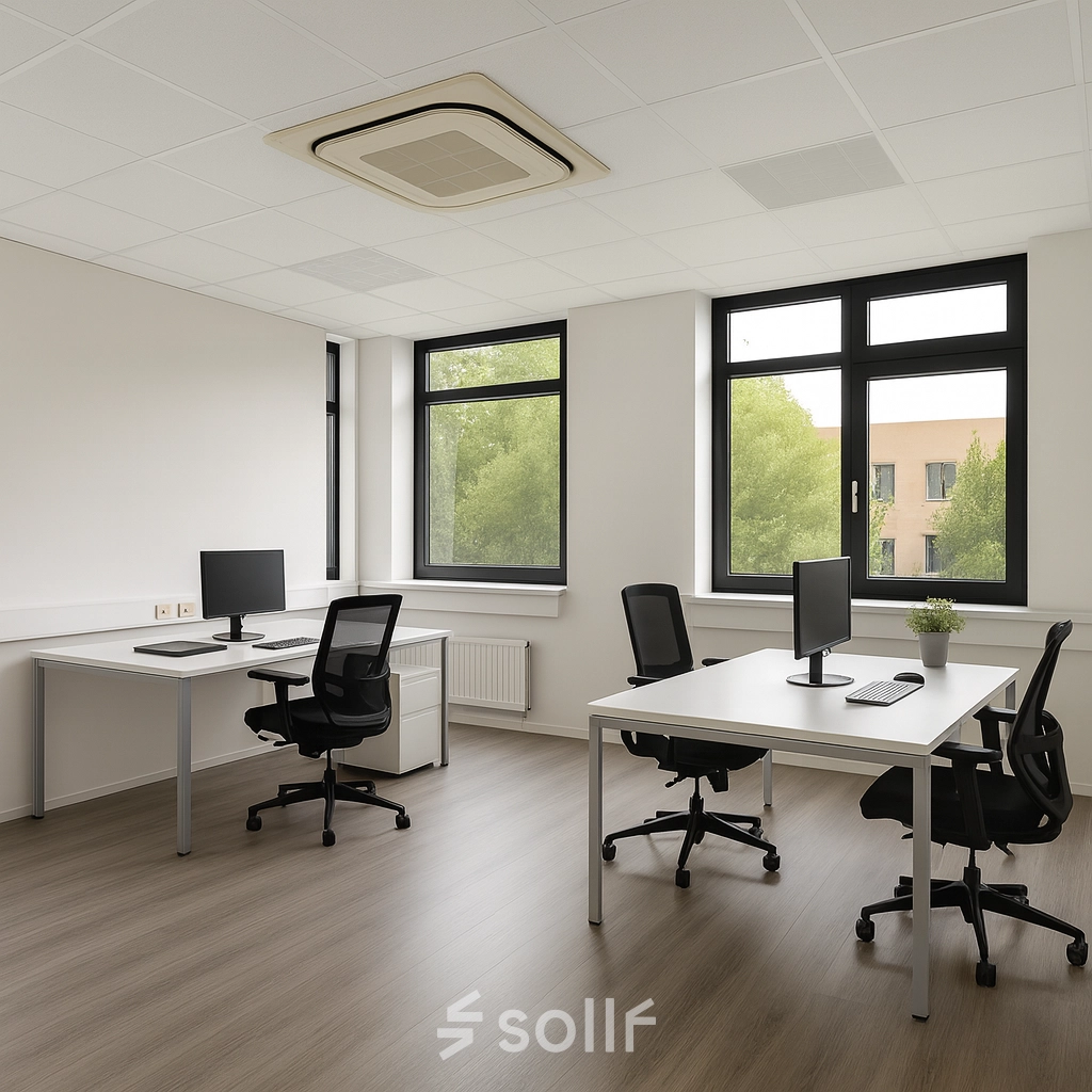 Lichte kantoorruimte huren aan de Druivenstraat 25-31 in Breda Oost, met grote ramen en moderne bureaus met computers, ideaal voor productieve werkdagen.