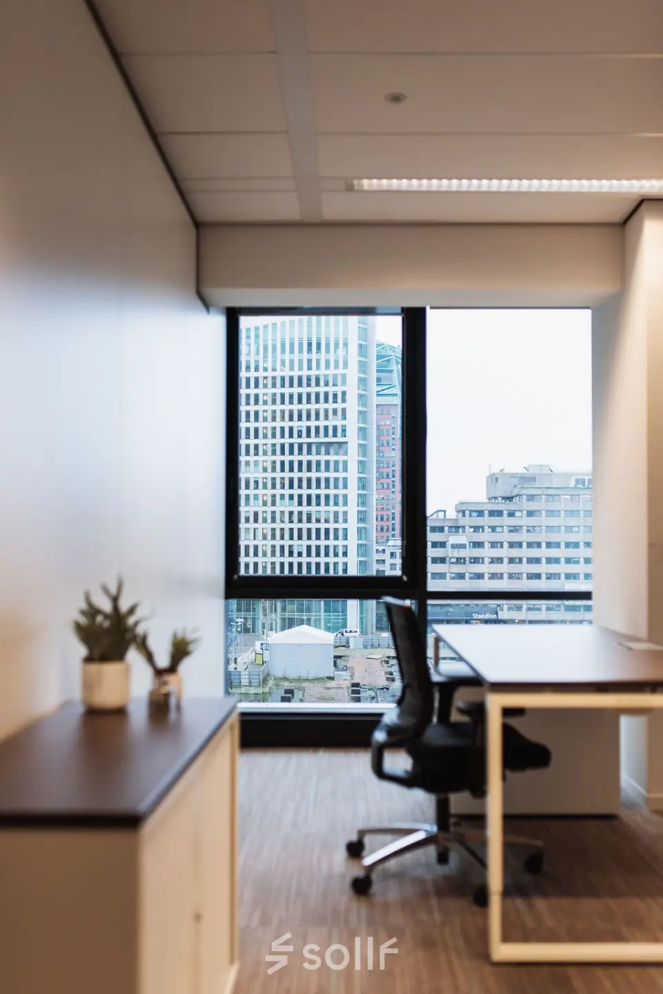 Lichte kantoorruimte aan Anna van Buerenplein 41 in Den Haag Centrum met uitzicht op de stad. Voorzien van een bureau met stoel en wat planten op de kast.