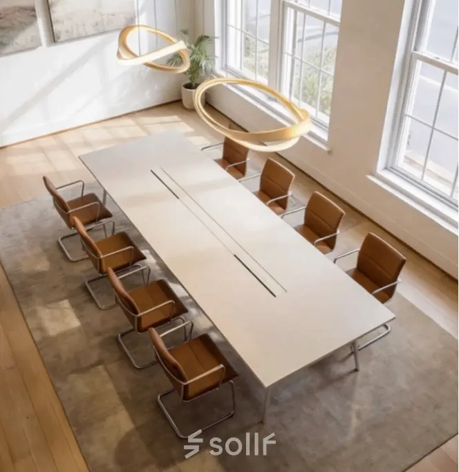 Moderne vergaderruimte in het kantoorpand op Mauritskade 9, Den Haag Centrum. Grote tafel met stijlvolle stoelen en veel natuurlijk licht door ramen. Ideaal voor kantoorruimte huren.