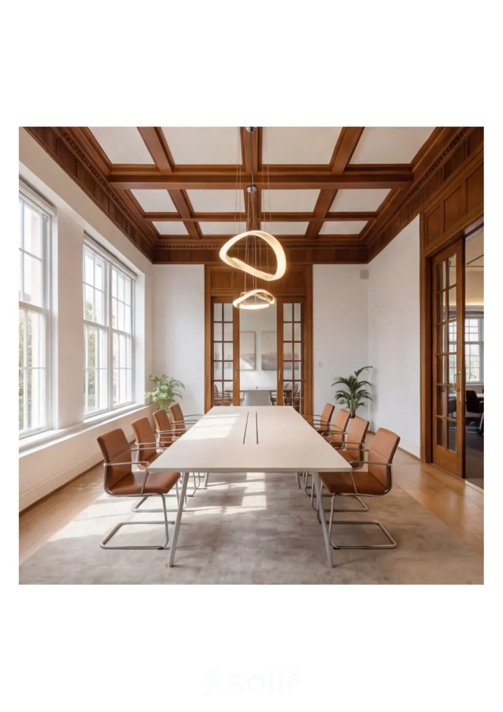 Kantoorruimte huren aan de Mauritskade 9 in Den Haag Centrum met een stijlvolle vergadertafel, leren stoelen en veel natuurlijk licht door grote ramen.