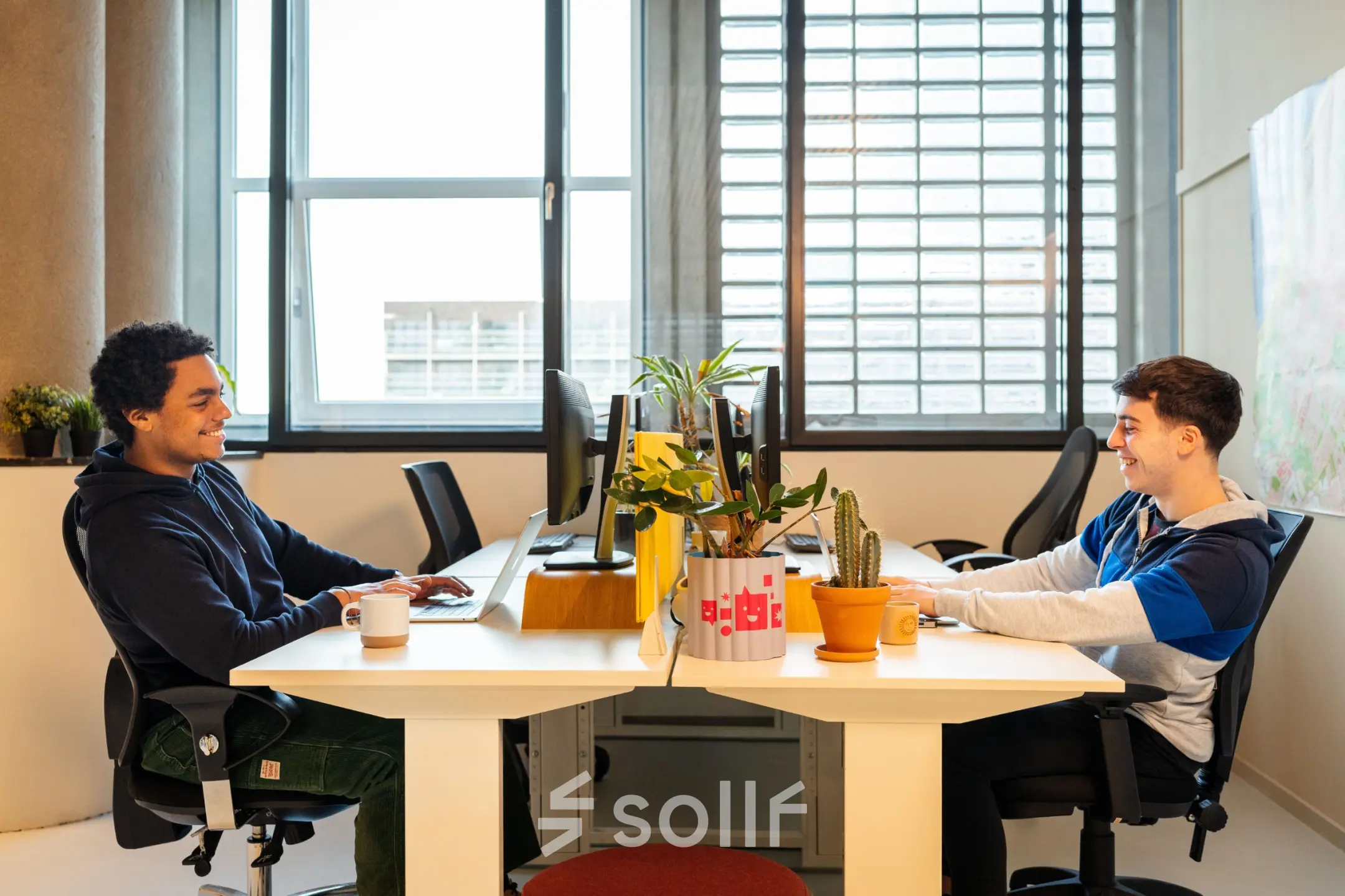 Kantoorruimte op Waldopstraat 5 in Den Haag Centrum, met twee mannen die achter bureaus werken. Gezellige inrichting met planten en lichte muren. Perfect voor professionals die kantoorruimte huren willen.
