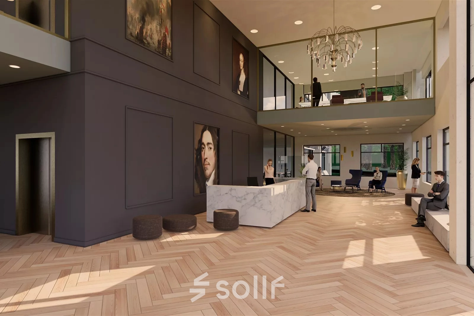 Stijlvolle entree van een kantoorpand op Johan de Wittlaan 3-7, Den Haag Statenkwartier, voorzien van een marmeren receptiebalie en kunst aan de muur, met mensen bezig met zakelijke gesprekken.