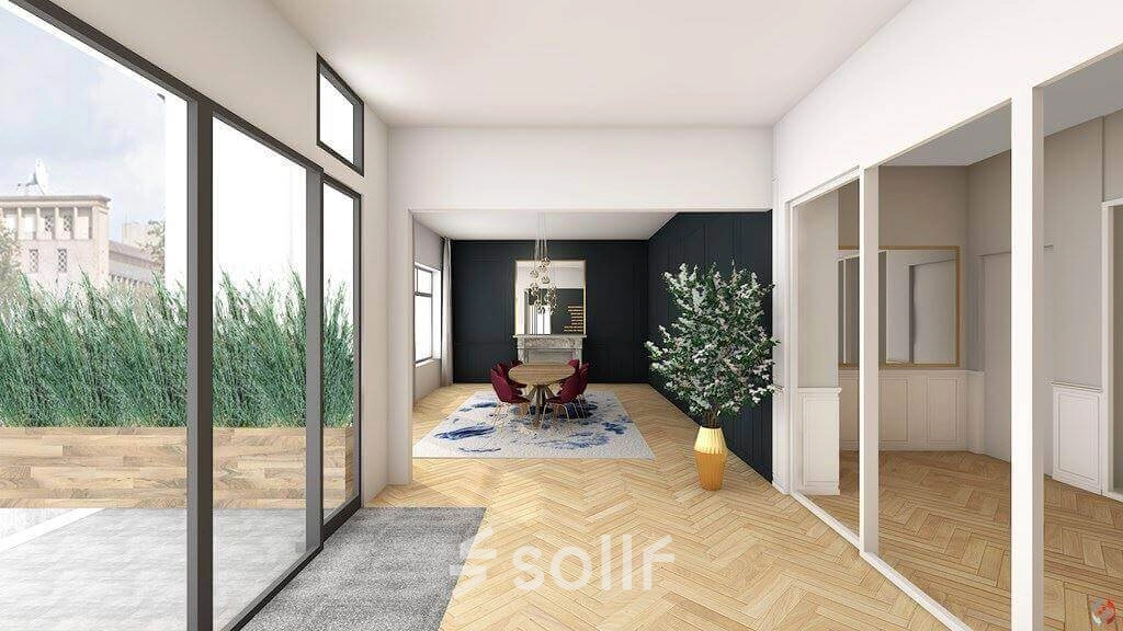 Modern kantoorpand met houten vloer, grote ramen, en een vergadertafel op Johan de Wittlaan 3-7, Den Haag Statenkwartier, ideaal voor kantoorruimte huren.