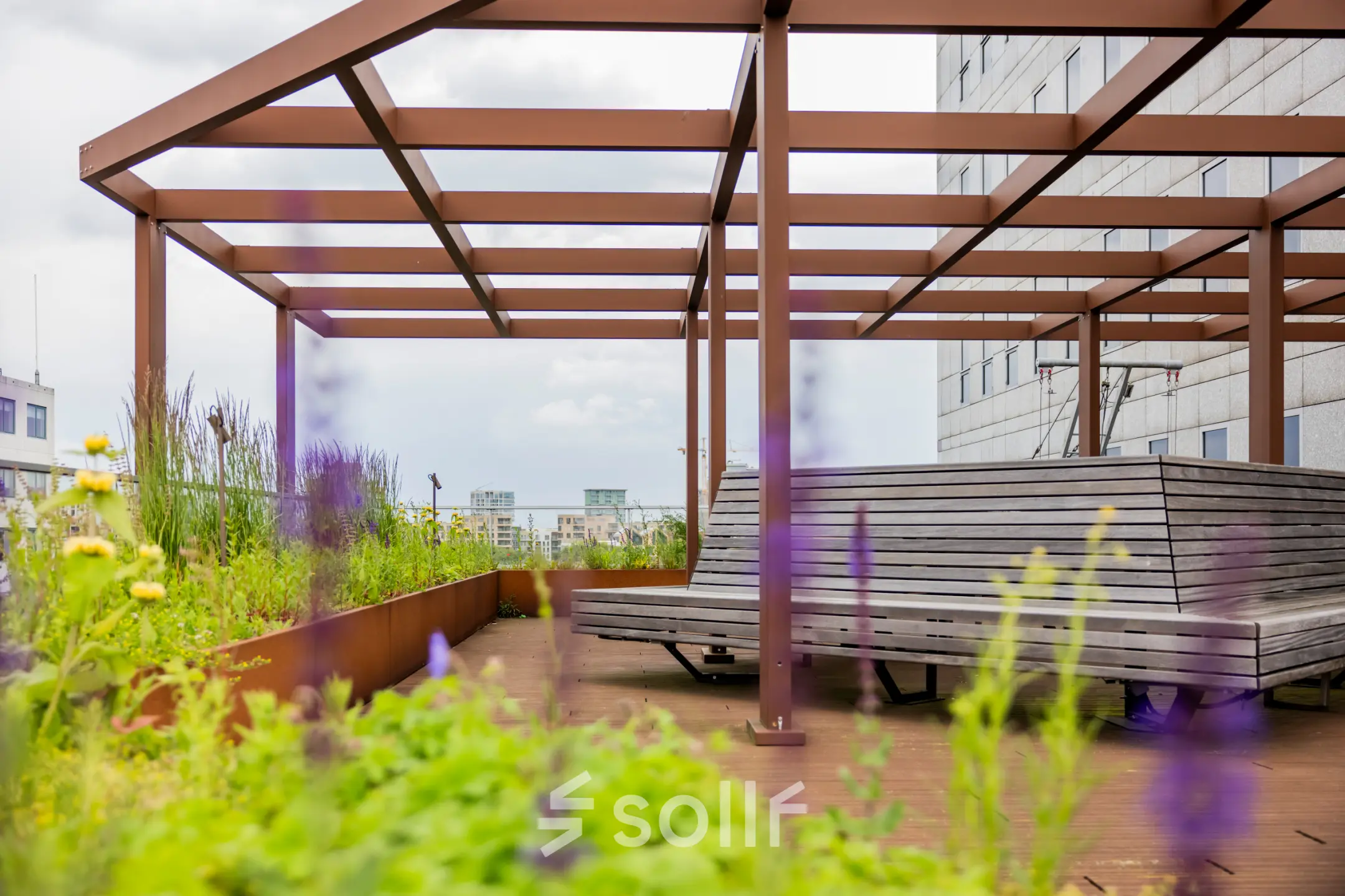 De buitenruimte van het kantoorpand op Diemerhof 42 in Diemen met houten banken onder een stalen pergola, omgeven door groene planten en een stadse horizon.