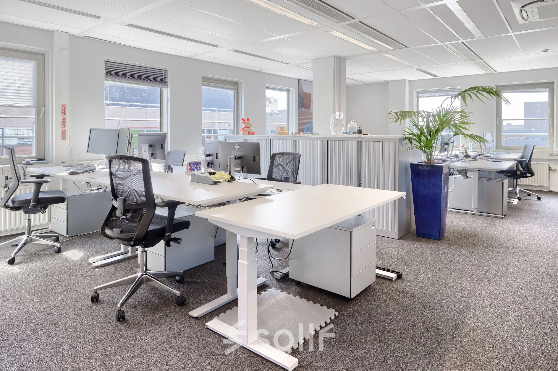 Kantoorruimte huren in Diemen met moderne bureaus en comfortabele stoelen, veel natuurlijk licht en groene planten. Geschikt voor diverse zakelijke activiteiten.