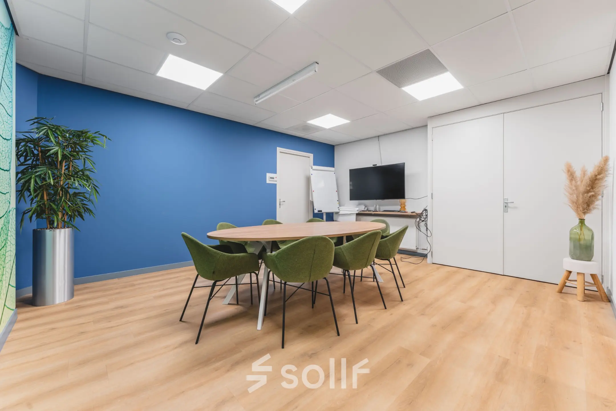 Kantoorruimte met moderne inrichting aan Kanaaldijk-Zuid 19, Eindhoven Centrum, voorzien van een ovale tafel, groene stoelen, een blauw accentmuur en planten, ideaal om te huren.