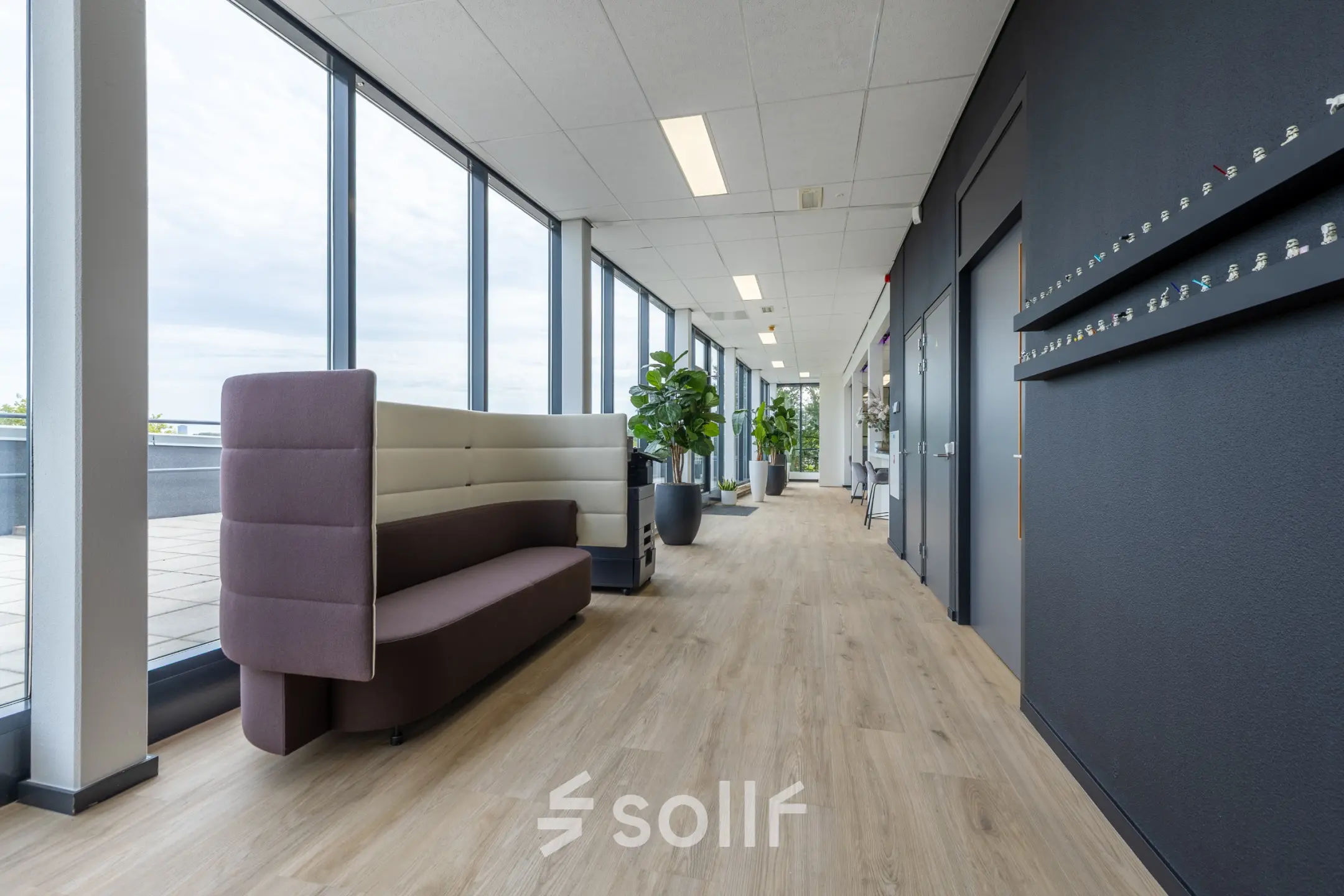 Moderne kantoorruimte huren in Eindhoven De Hurk met een smalle gang, voorzien van glazen wanden, houten vloer en zitmeubilair. Veel lichtinval en planten sieren het strakke interieur.