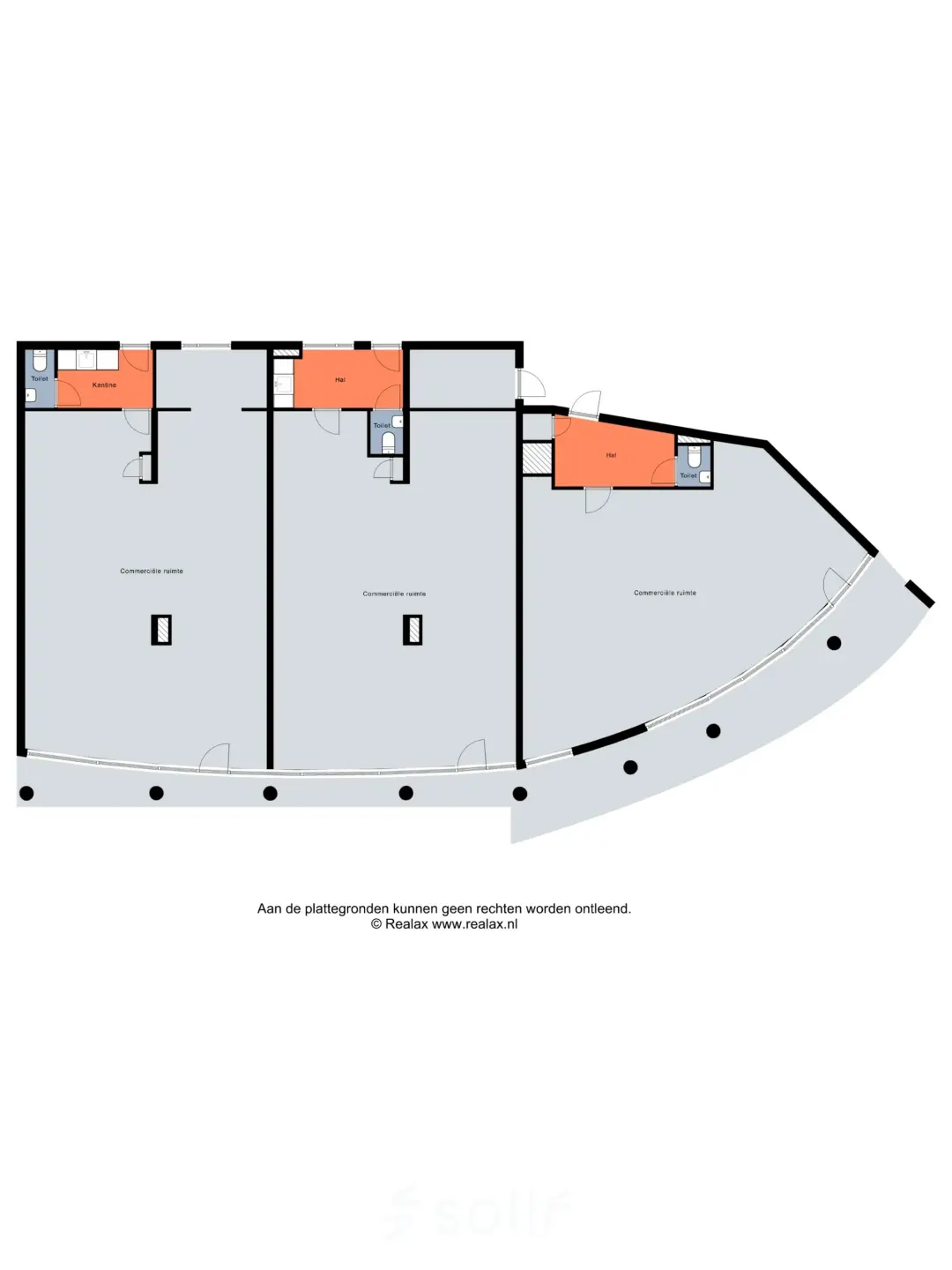 Plattegrond van kantoorruimte te huur op Boddenkampsingel 95 in Enschede, met meerdere secties voor gebruik als werkplekken en conferentiezalen, geschikt voor diverse kantoorgebruikers.