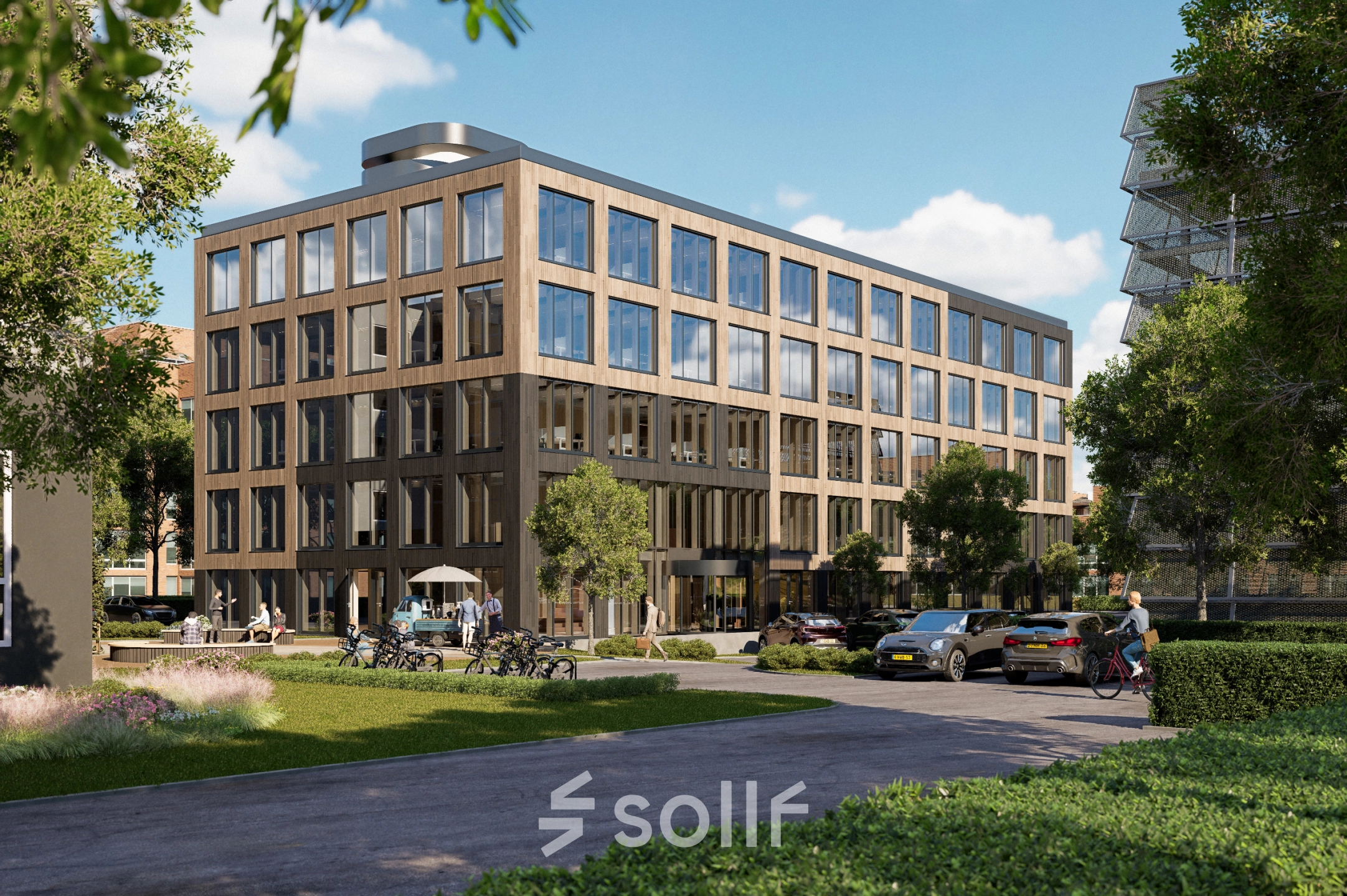 Modern kantoorpand op Moutlaan 1-23 in Enschede met grote ramen en een strak ontwerp omgeven door groen. Ideaal voor kantoorruimte huren.