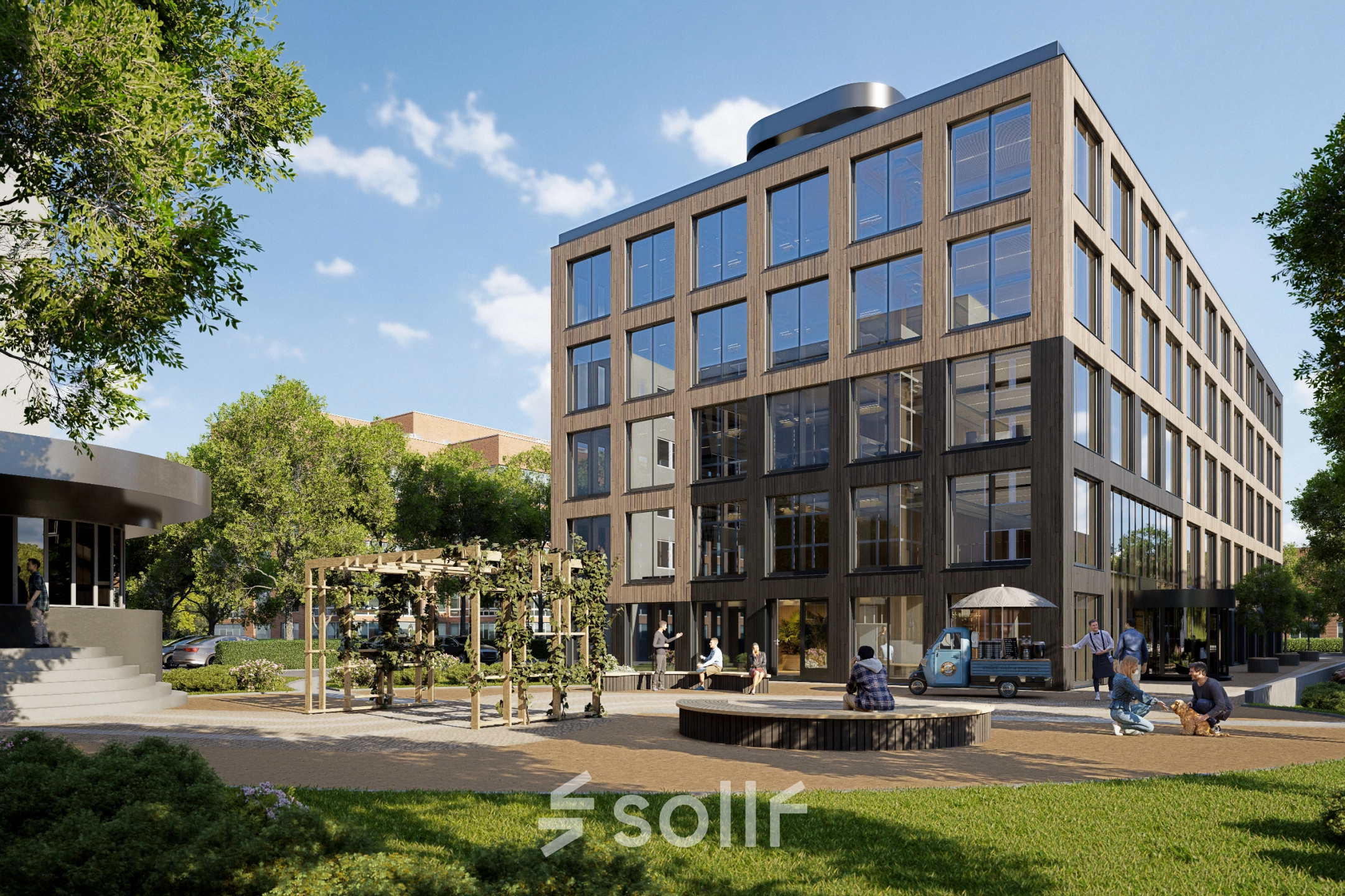 Modern kantoorpand op Moutlaan 1-23 in Enschede, met mensen die buiten zitten en werken, omringd door groen. Ideaal voor wie kantoorruimte wil huren in een levendige omgeving.