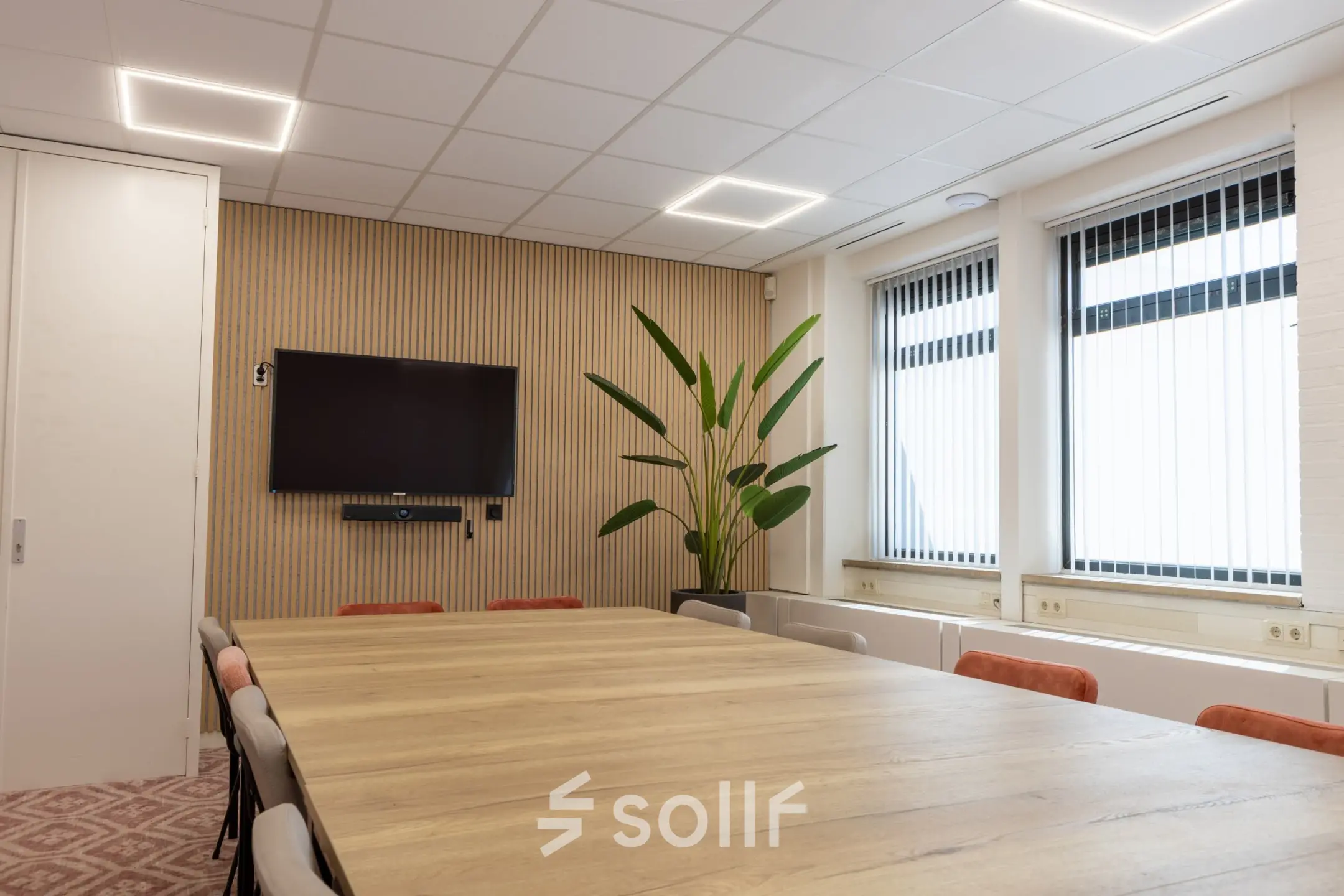 Vergaderzaal met lange houten tafel en stoelen, voorzien van televisie aan de wand en grote kamerplant bij de ramen.