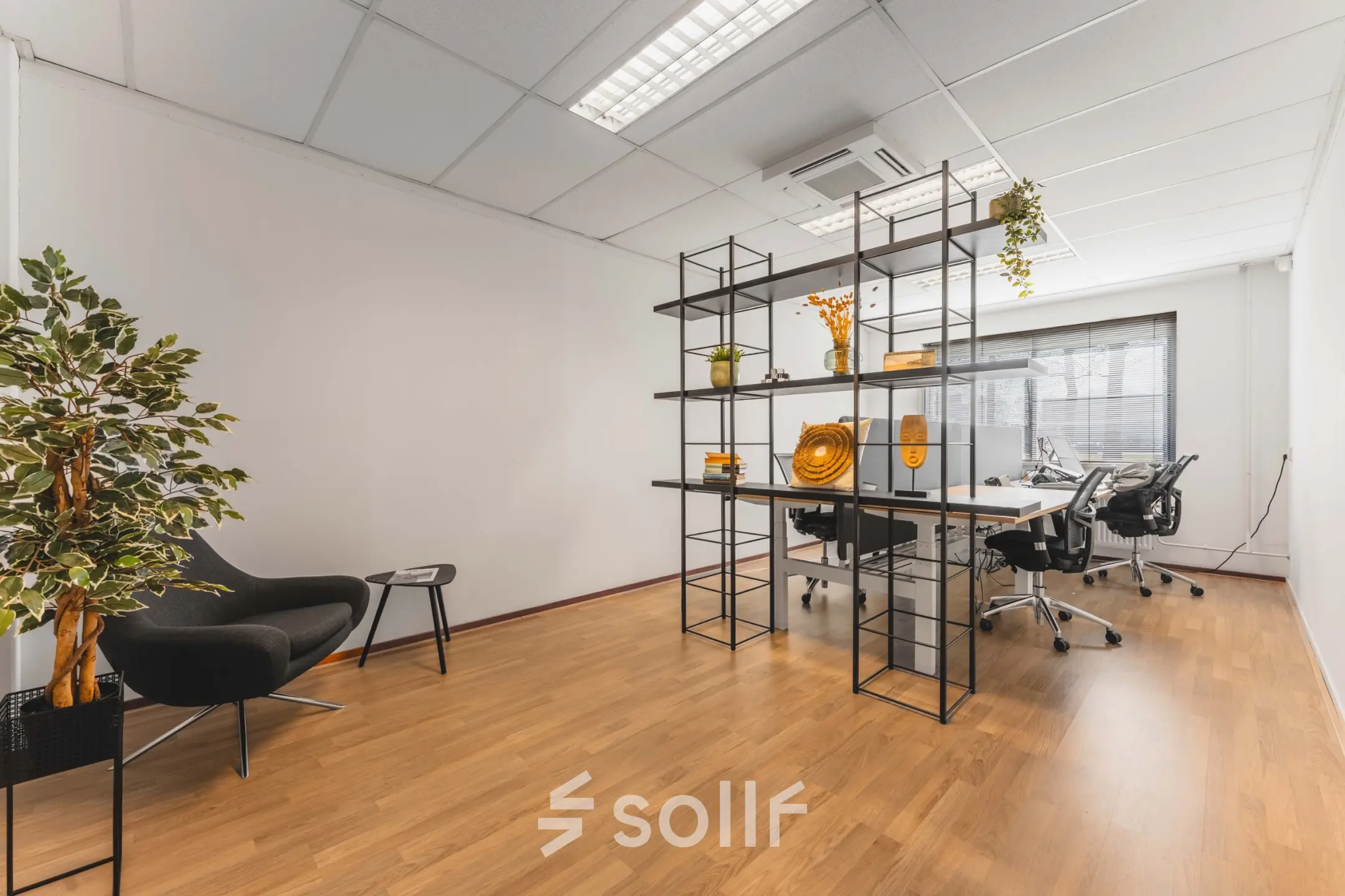 Moderne kantoorpand ruimte met houten vloer, werkplekken en decoratieve planten. Ideaal voor kantoorruimte huren aan de Steenovenweg 5 in Helmond.