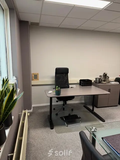 Zicht op een lichte kantoorruimte op Hamerstraat 10, Hengelo, met een bureau, stoel, planten en een kast. Ideaal voor wie kantoorruimte wil huren.