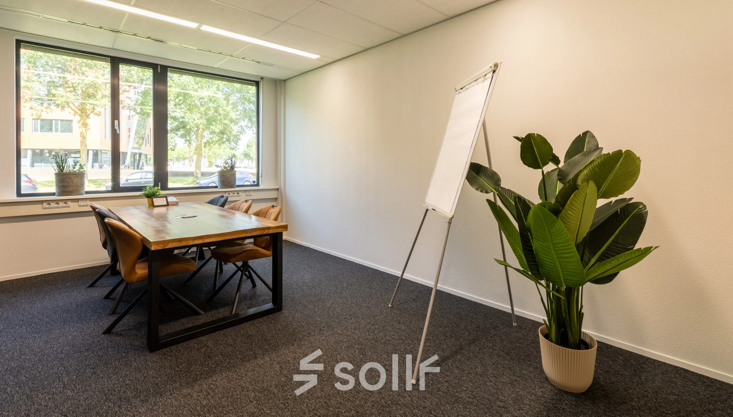 Kantoorruimte huren op Jan Tinbergenstraat 202, Hengelo: een helder kantoor met grote ramen, houten tafel, stoelen en planten. Ideaal voor creatieve en productieve momenten.
