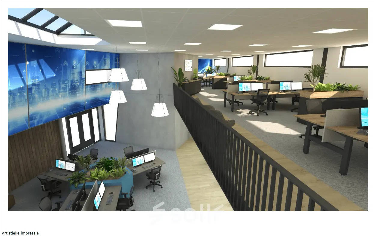Moderne en lichte kantoorruimte te huur op Lintelerweg 40, Hengelo, met diverse werkplekken, grote ramen en veel groen accentuering.