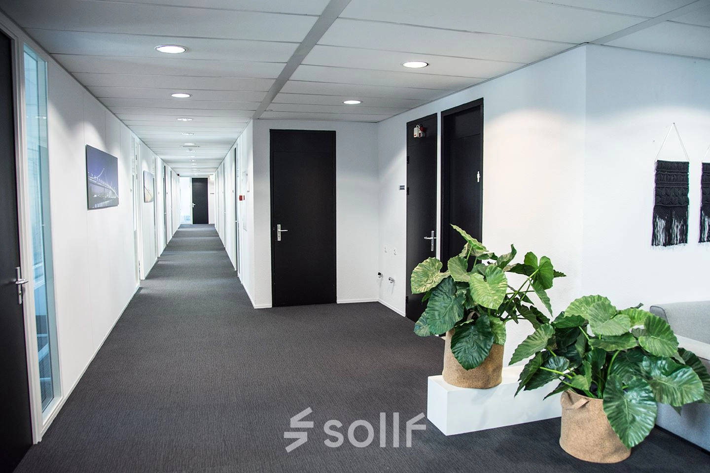 Lichte gang in kantoorpand Meidoornkade 22 in Houten met planten langs de muur, ideaal voor kantoorruimte huren.
