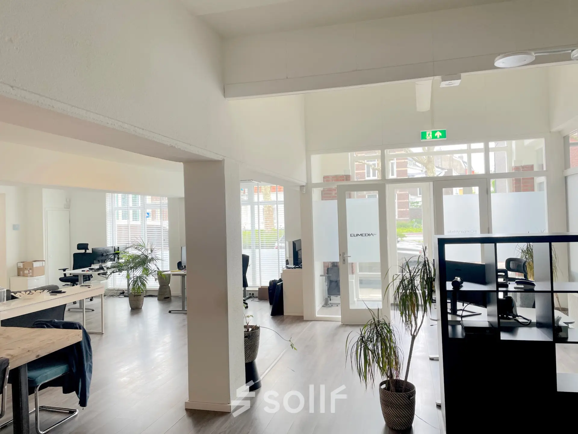 Ruime, lichte kantoorruimte op Wilhelminasingel 44-46 in Maastricht, met meerdere werkplekken te huur. Grote ramen en planten geven de ruimte een frisse uitstraling.