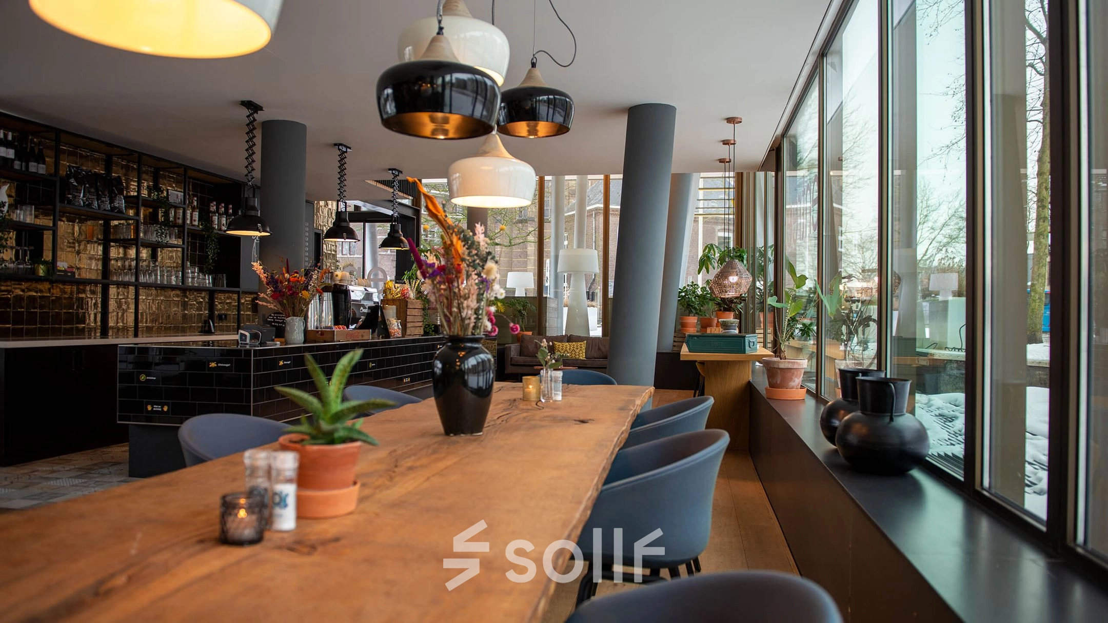 Lichte, modern ingerichte kantoorruimte te huur in Meppel met houten tafel, comfortabele stoelen en planten voor een uitnodigende sfeer.