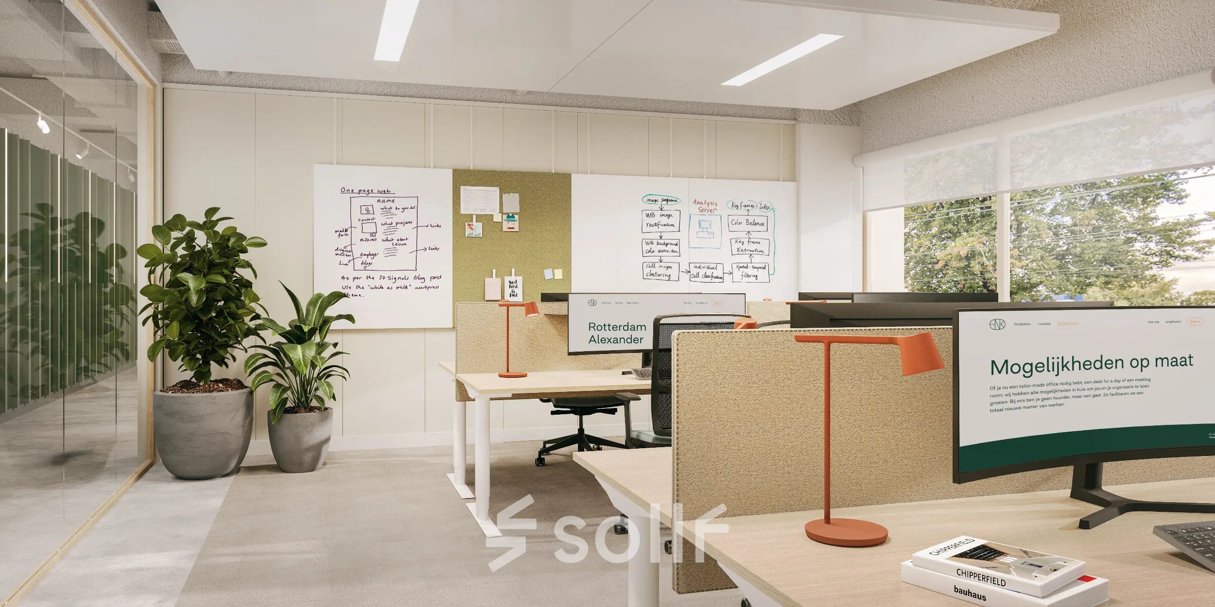 Moderne kantoorruimte huren aan Marten Meesweg 101 in Rotterdam Alexander, met werkplekken voorzien van bureaus, stoelen en computers, nabij grote ramen voor natuurlijk licht.