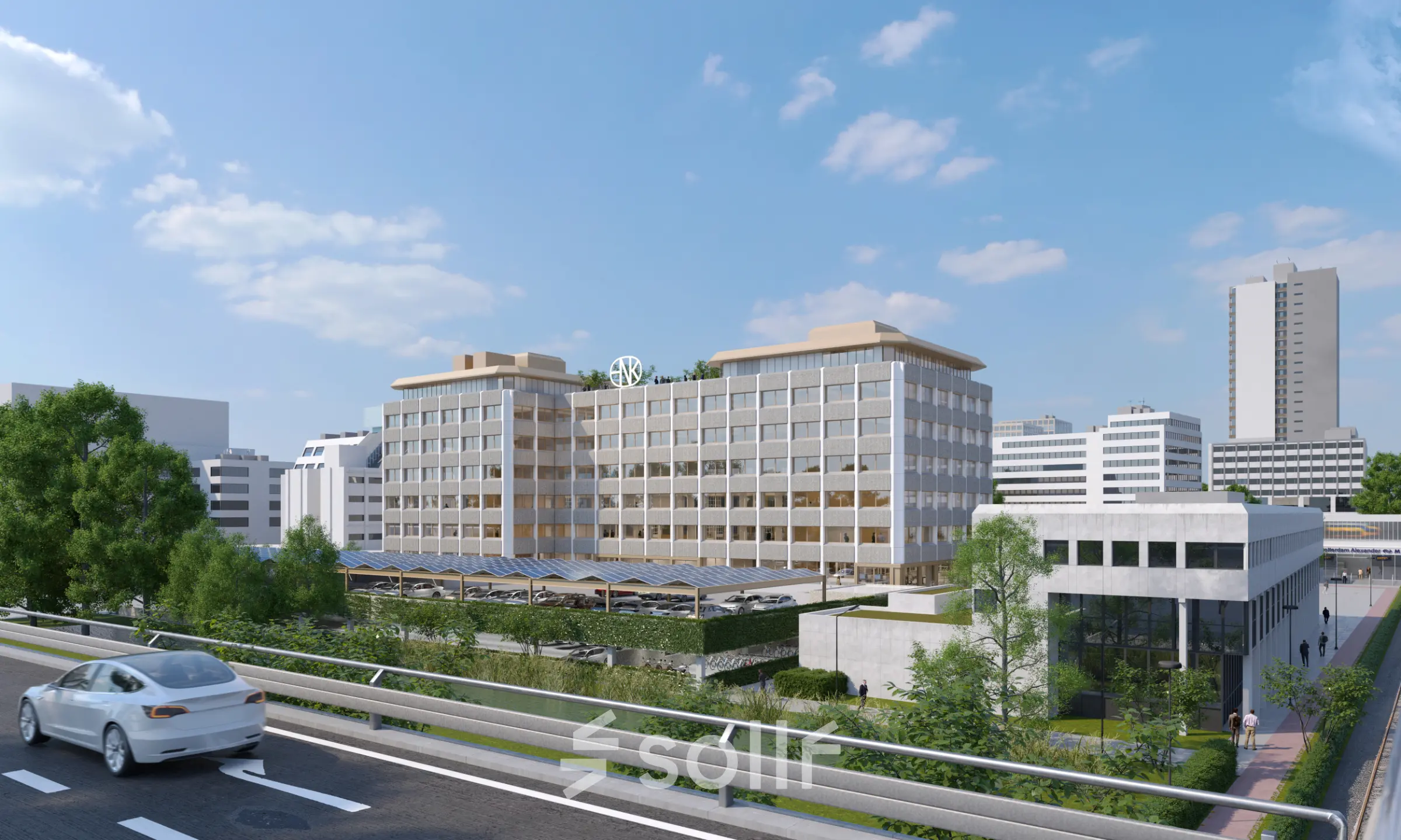 Kantoorpand op Marten Meesweg 101 in Rotterdam Alexander met grote ramen en omringd door groen, te huur voor kantoorruimte.