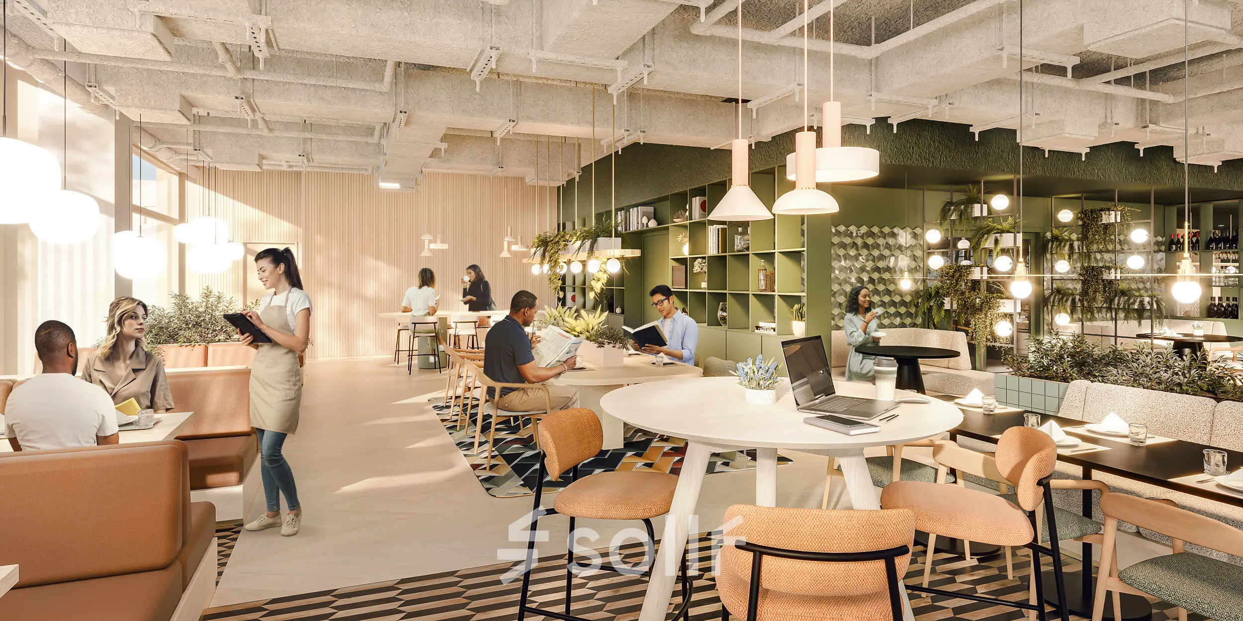 Moderne kantoorruimte huren in Rotterdam Alexander met open vloerplan, voorzien van comfortabele zitplekken en planten, ideaal voor samenwerking en zakelijke bijeenkomsten.