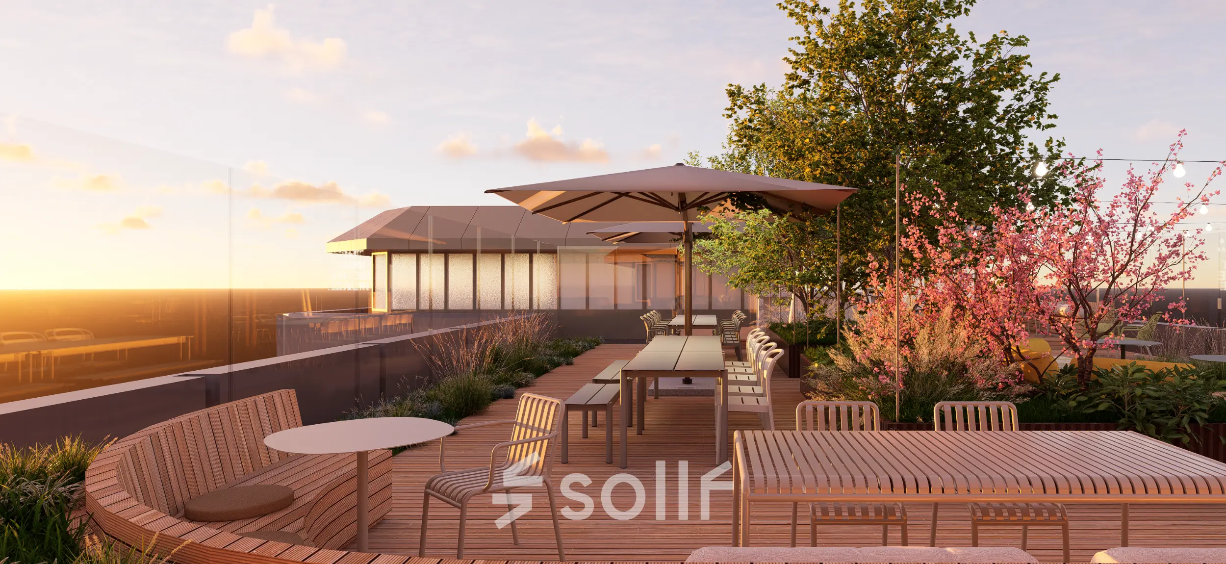 Dakterras van kantoorpand met zitplaatsen en planten op Marten Meesweg 101, Rotterdam Alexander. Ideaal om te ontspannen na het huren van een kantoorruimte.