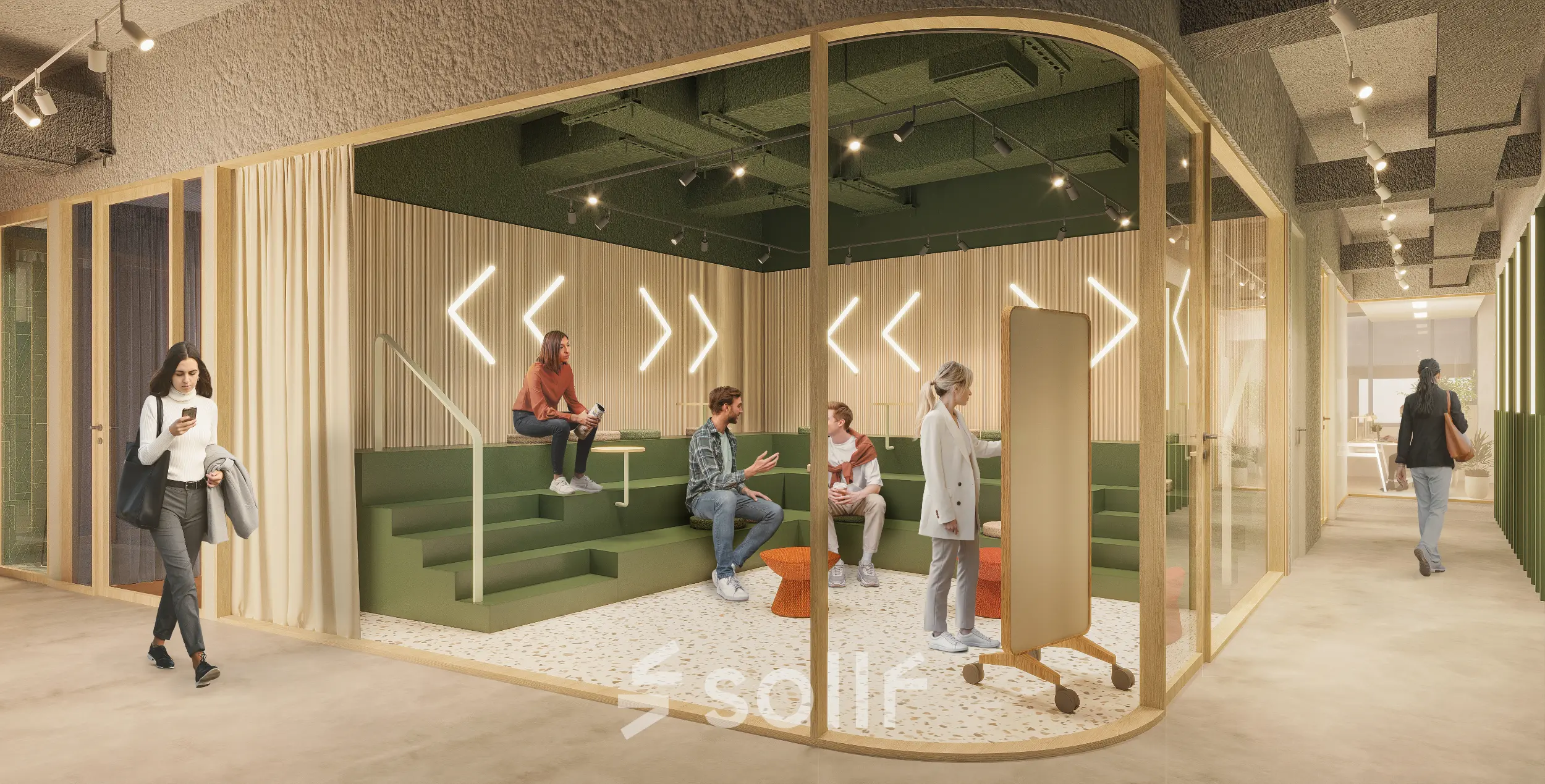 Moderne kantoorruimte huren in Rotterdam Alexander met groene zitgelegenheid en creatieve wanddecoratie. Mensen voeren zakelijke gesprekken en gebruiken laptops in het interieur.