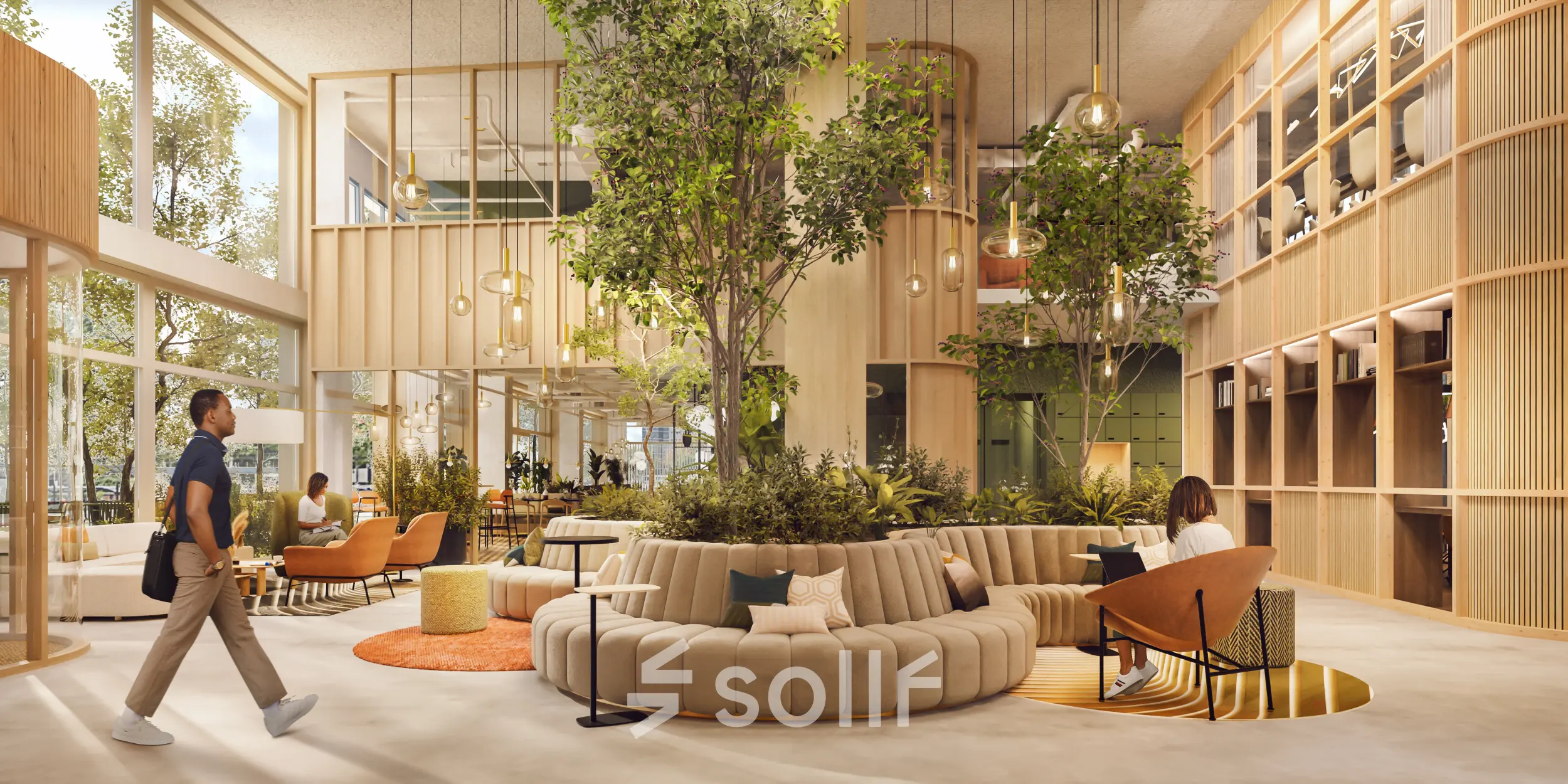 Moderne en vriendelijk ogende kantoorruimte in Rotterdam Alexander met veel groen en comfortabele zitplaatsen voor werk en overleg.