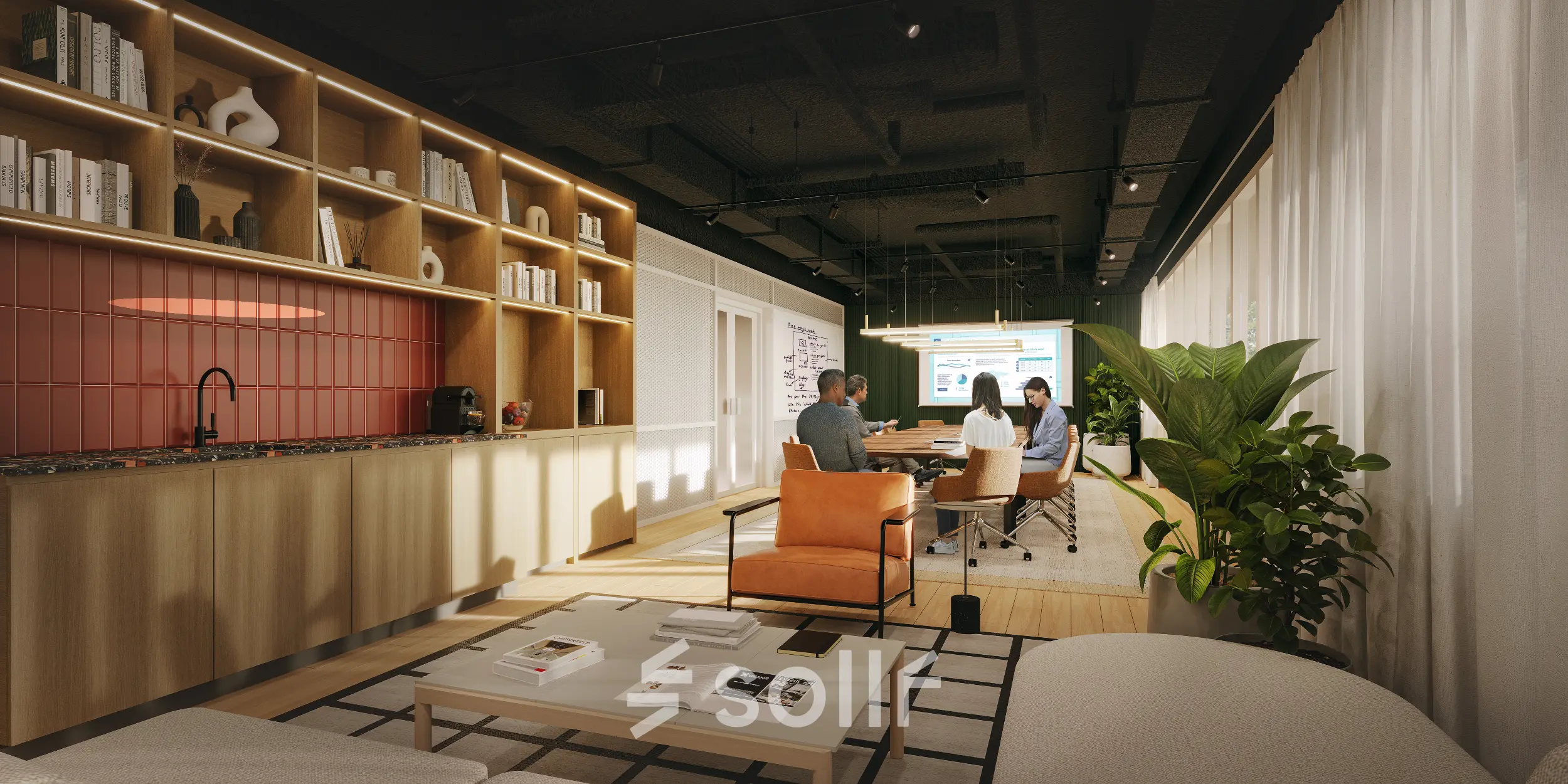 Moderne kantoorruimte huren op Marten Meesweg 101 in Rotterdam Alexander met een gemeubileerd interieur en personen aan het vergaderen rond een tafel.