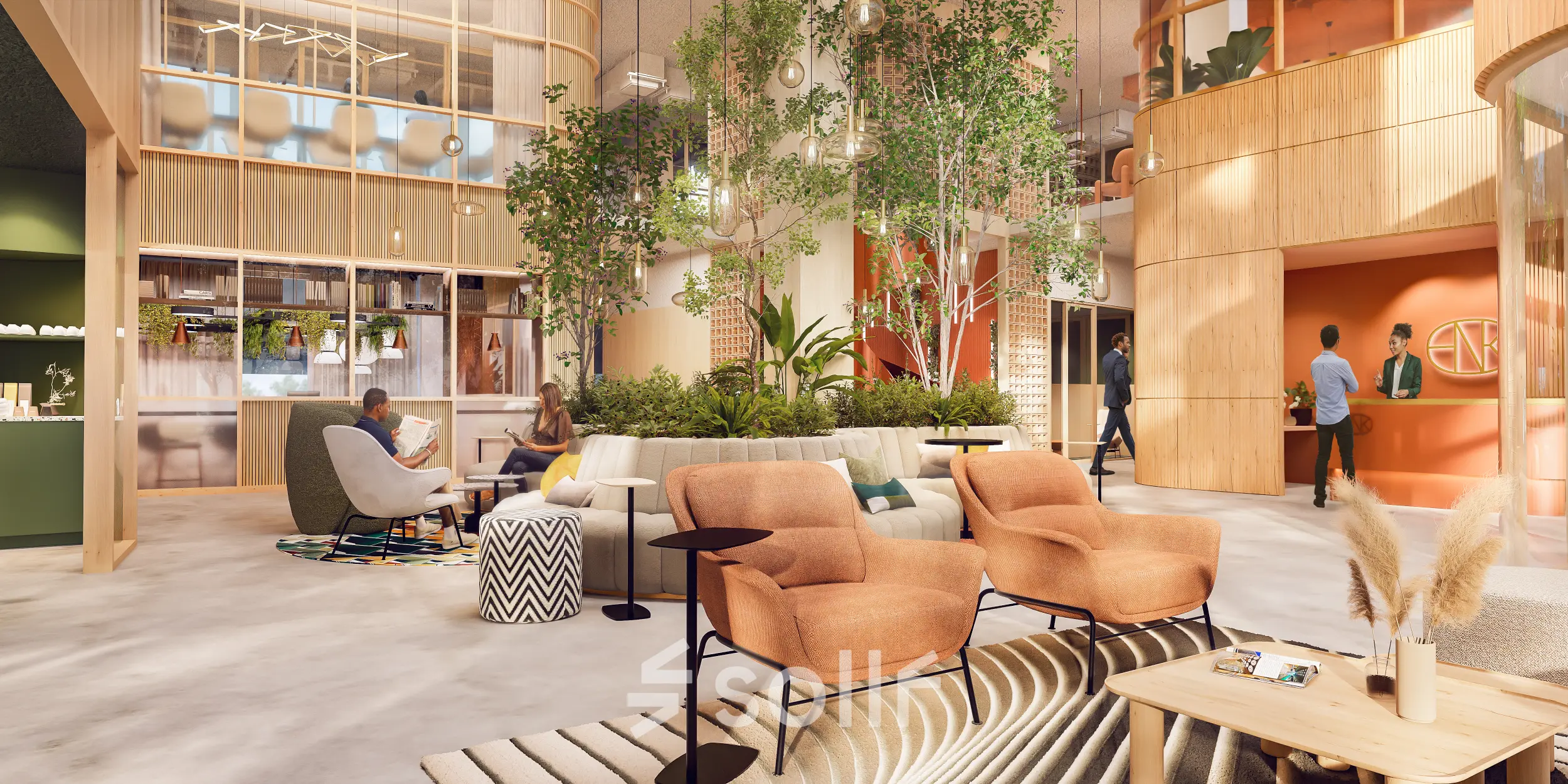 Moderne kantoorruimte huren met gemeubileerde lounge en natuurlijke elementen op Marten Meesweg 101, Rotterdam Alexander. Mensen voeren zakelijke gesprekken en drinken koffie.