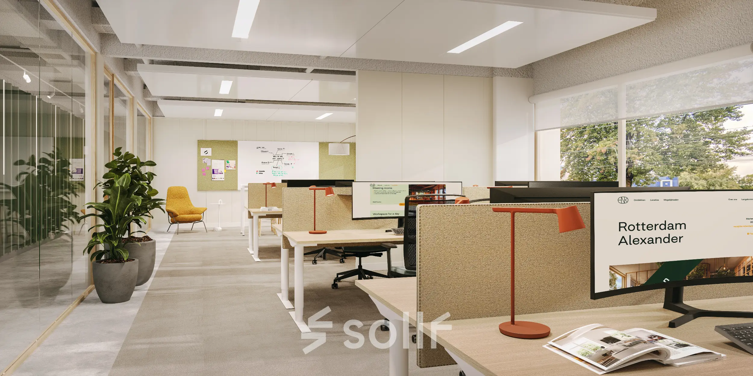 Een moderne kantoorruimte op Marten Meesweg 101 in Rotterdam Alexander, met werkplekken uitgerust met bureaus, stoelen en beeldschermen. Ideaal voor kantoorruimte huren in een lichte en functionele omgeving.