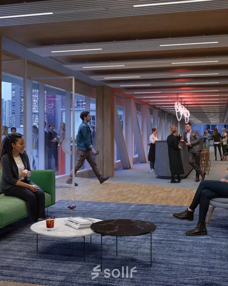 Moderne kantoorruimte op Coolsingel 75, met open vloerplan, comfortabele meubels en mensen die samenwerken. Ideaal voor bedrijven die een kantoor willen huren in het hart van Rotterdam Centrum.