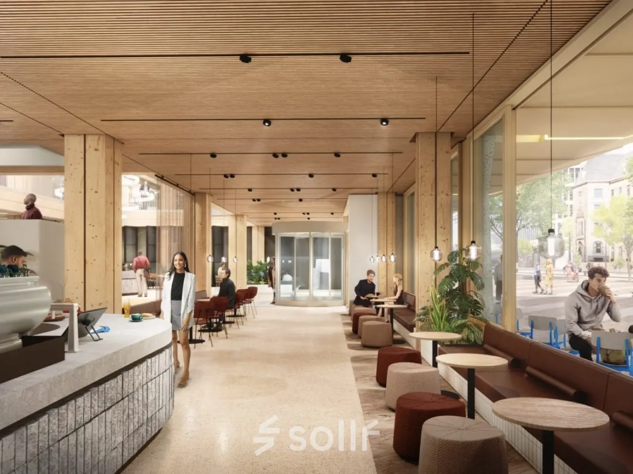 Moderne kantoorruimte huren aan de Coolsingel 75 in Rotterdam Centrum, met een open en lichte werkruimte waar mensen aan tafels zitten en zakelijke activiteiten uitvoeren.