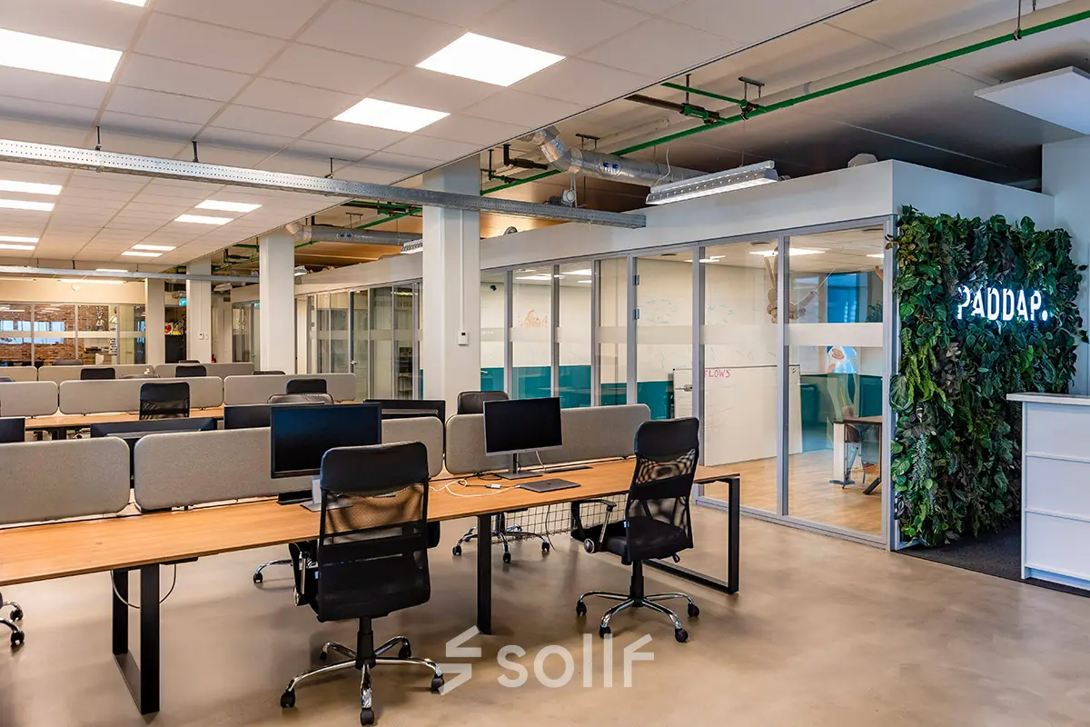 Ruime kantoorruimte met moderne bureaus en stoelen, ideaal om te huren. De ruimte in Rotterdam Delfshaven heeft een groen accent en glazen wanden, wat een open en uitnodigende sfeer creëert.