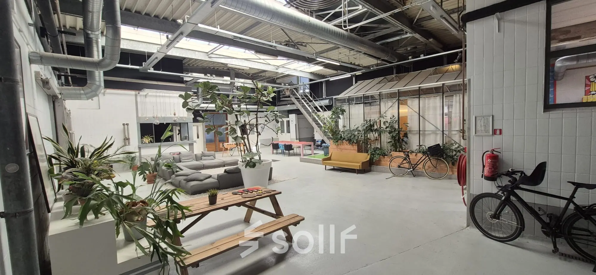 Ruime en moderne kantoorruimte in een industriële stijl met planten en meubels, geschikt voor creatieve werkomgevingen. Gelegen op Van Helmontstraat 17-23 in Rotterdam Delfshaven.