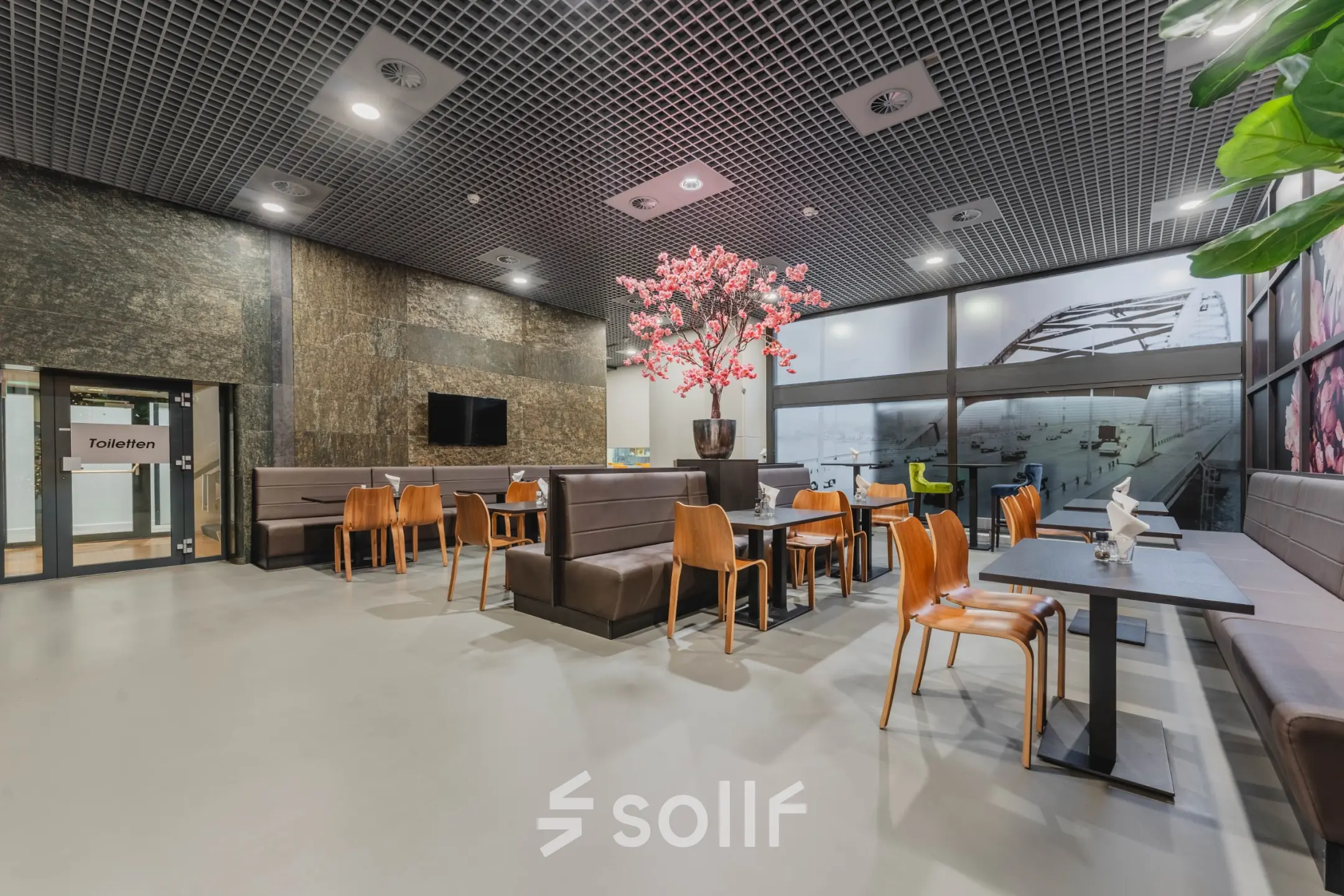 Moderne zithoek in kantoorpand op Oostmaaslaan 71, Rotterdam Kralingen met houten stoelen, banken en een grote decoratieve boom.