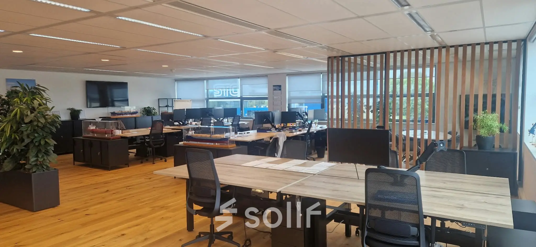Ruime en lichte kantoorruimte in Rotterdam Waalhaven, met meerdere werkplekken, houten vloeren en planten. Ideaal voor kantoorruimte huren.