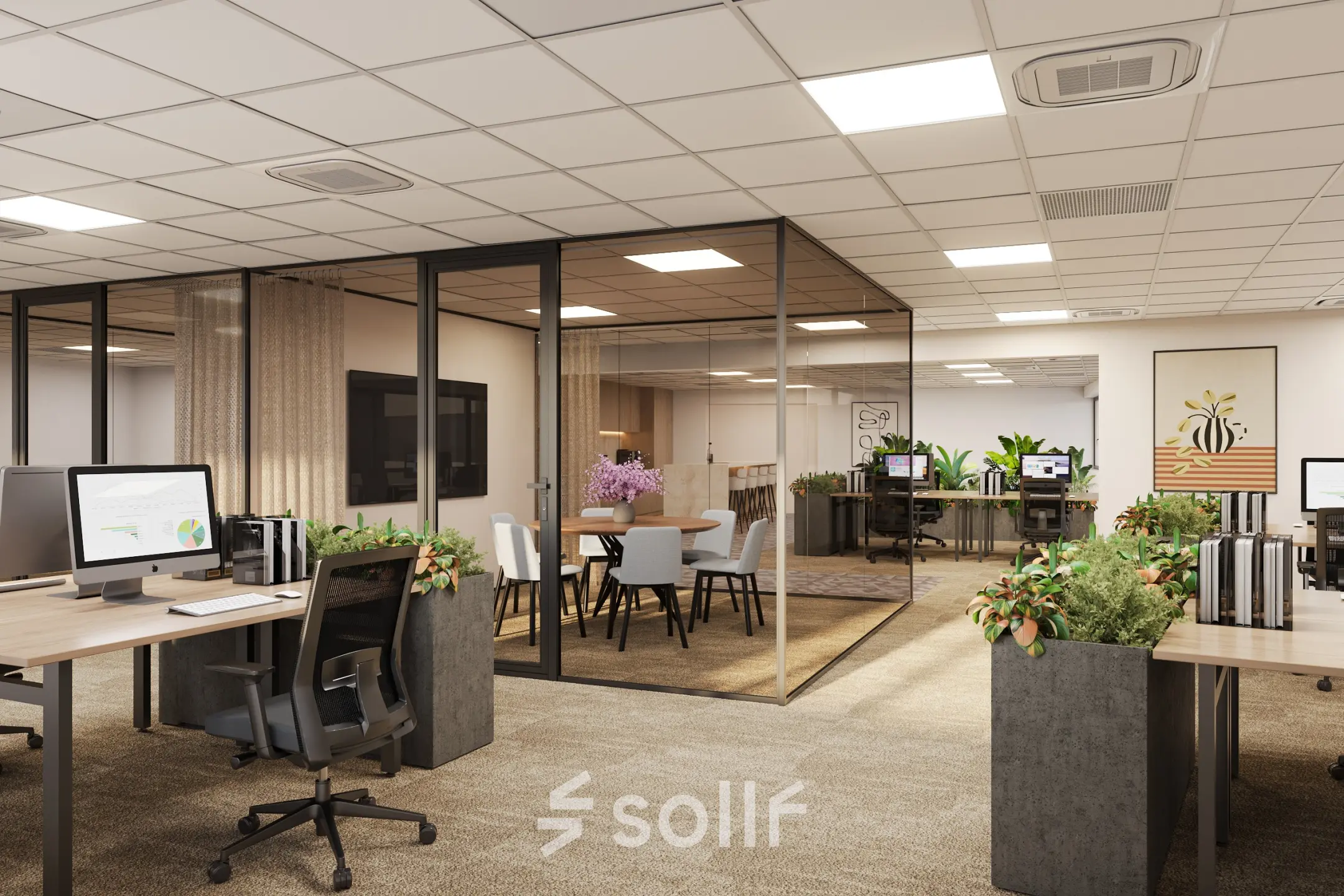 Moderne kantoorruimte huren op Newtonlaan 115 in Utrecht Rijnsweerd, met een open indeling en glazen vergaderruimte, groene planten en kantoormeubilair, ideaal voor een productieve werkdag.