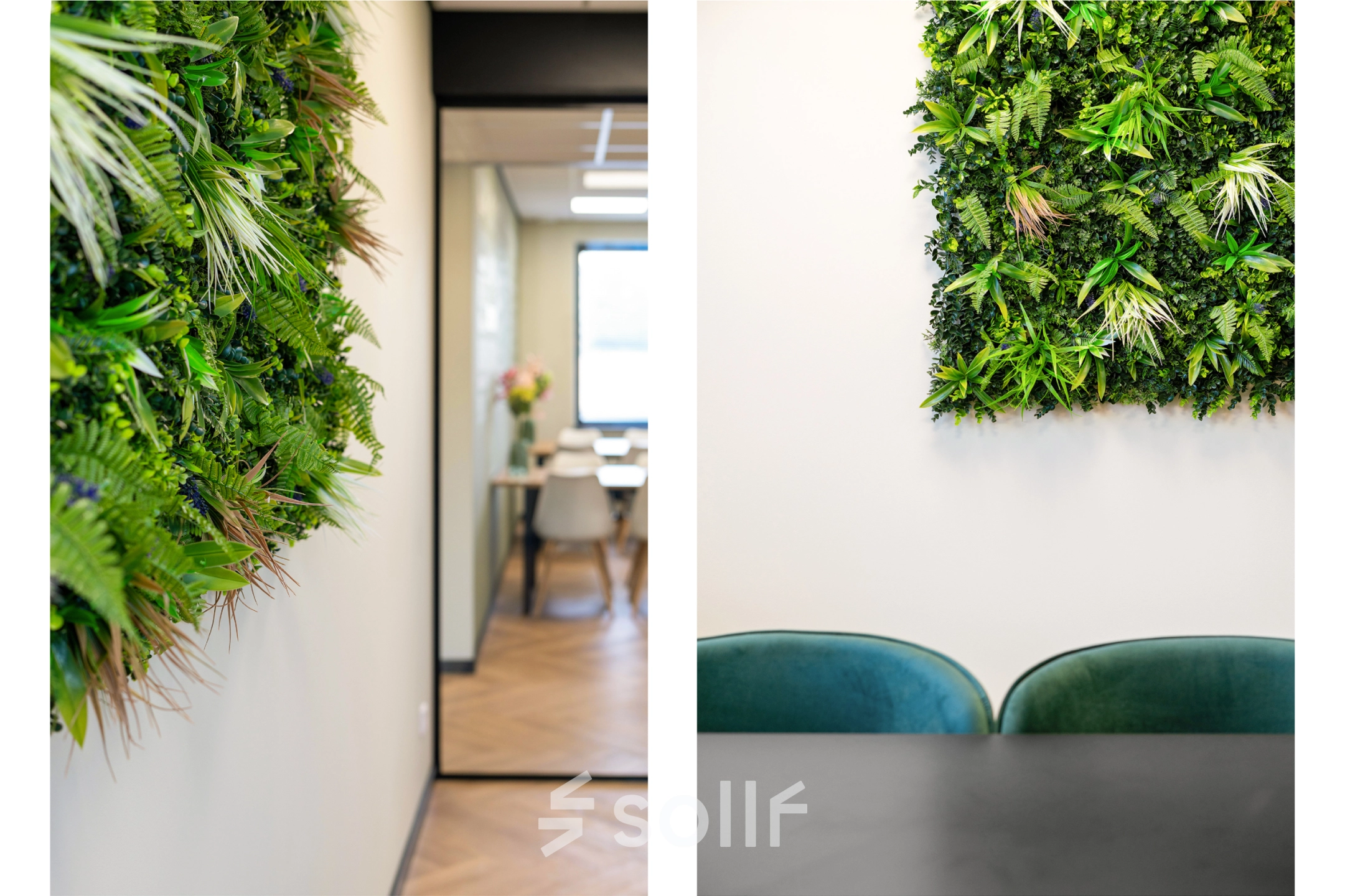 Moderne kantoorruimte huren met groene wanddecoratie, zicht op gemeubileerde vergaderruimte aan Stationsplein 4, Zwijndrecht.
