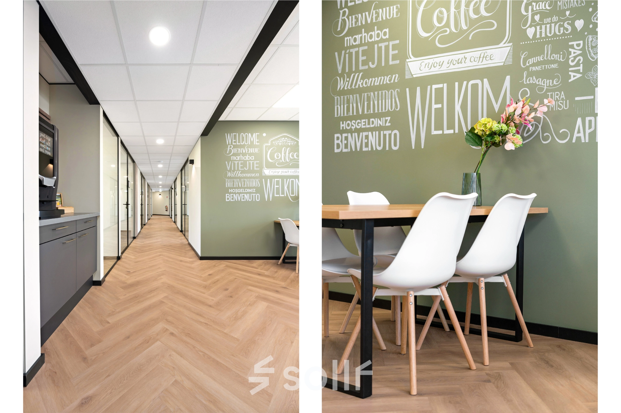 Kantoorruimte huren op Stationsplein 4, Zwijndrecht. Modern interieur met houten vloer en groene muren voorzien van tekst. Witte stoelen rondom een tafel, geschikt voor informele vergaderingen.