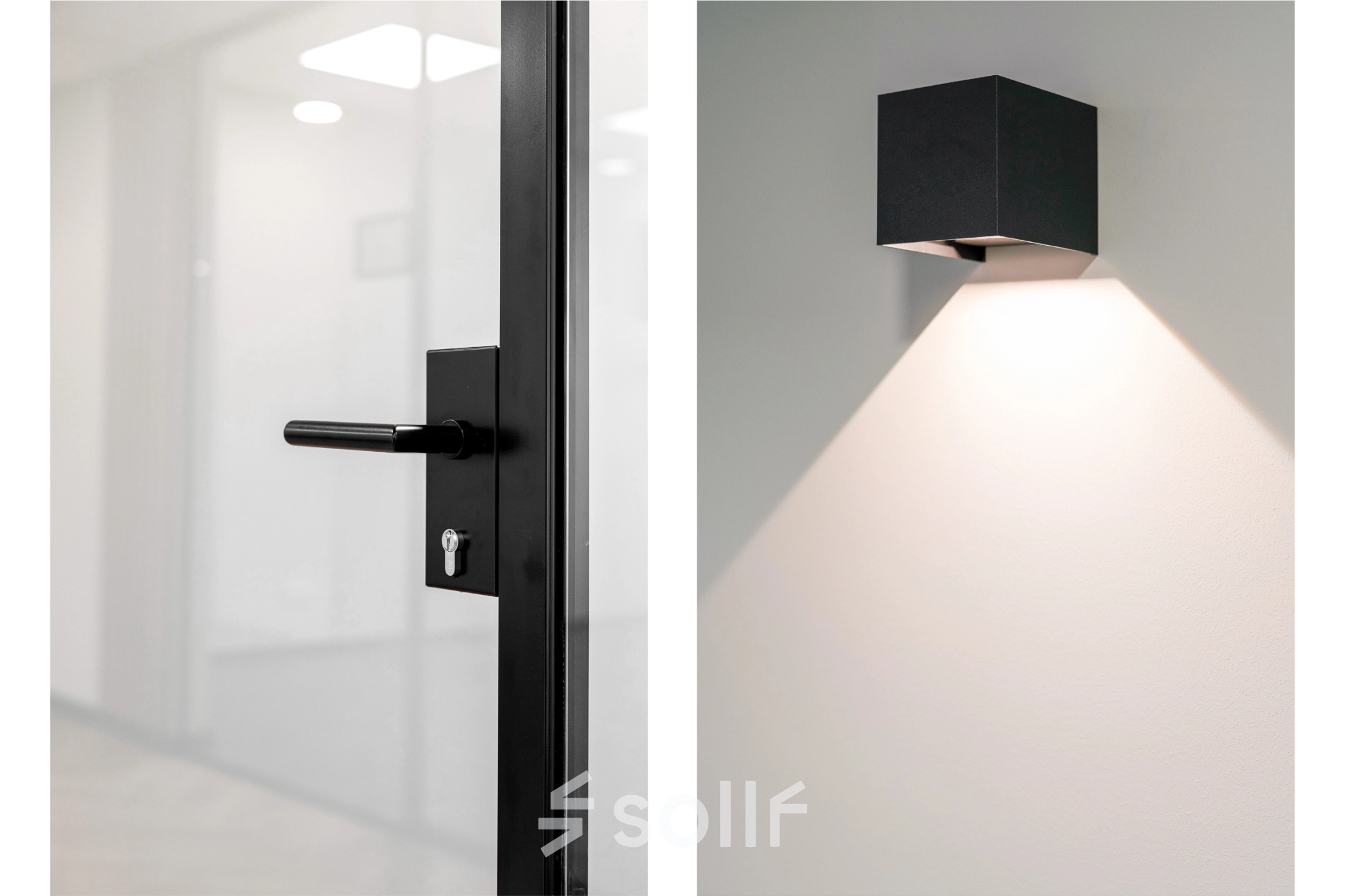 Moderne deurklink en minimalistische wandlamp in een kantoorruimte op Stationsplein 4, Zwijndrecht. Ideale plek om kantoorruimte te huren met aandacht voor stijl en functionaliteit.