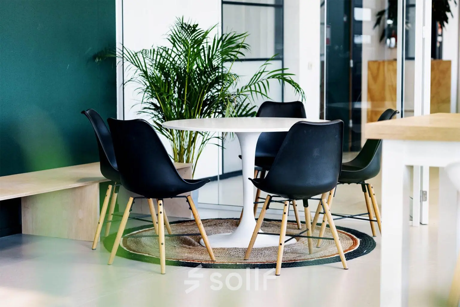 Stijlvolle en moderne kantoorruimte huren in Zwolle op Hanzeplein 11-27 met een ronde tafel en zwarte stoelen, omgeven door planten.