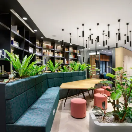 Moderner Büroraum mit grünen Pflanzen, eleganten Sitzgelegenheiten und dekorativen Regalen in der Junghofstraße 9, perfekt zum Büro mieten in Frankfurt Innenstadt.
