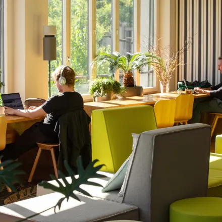 Helles Büro mit zwei Personen, die an Laptops arbeiten, umgeben von Pflanzen. Eine gemütliche Atmosphäre am Ernst Nobs Platz 1 in Zürich City für büroraum mieten oder bürofläche mieten.